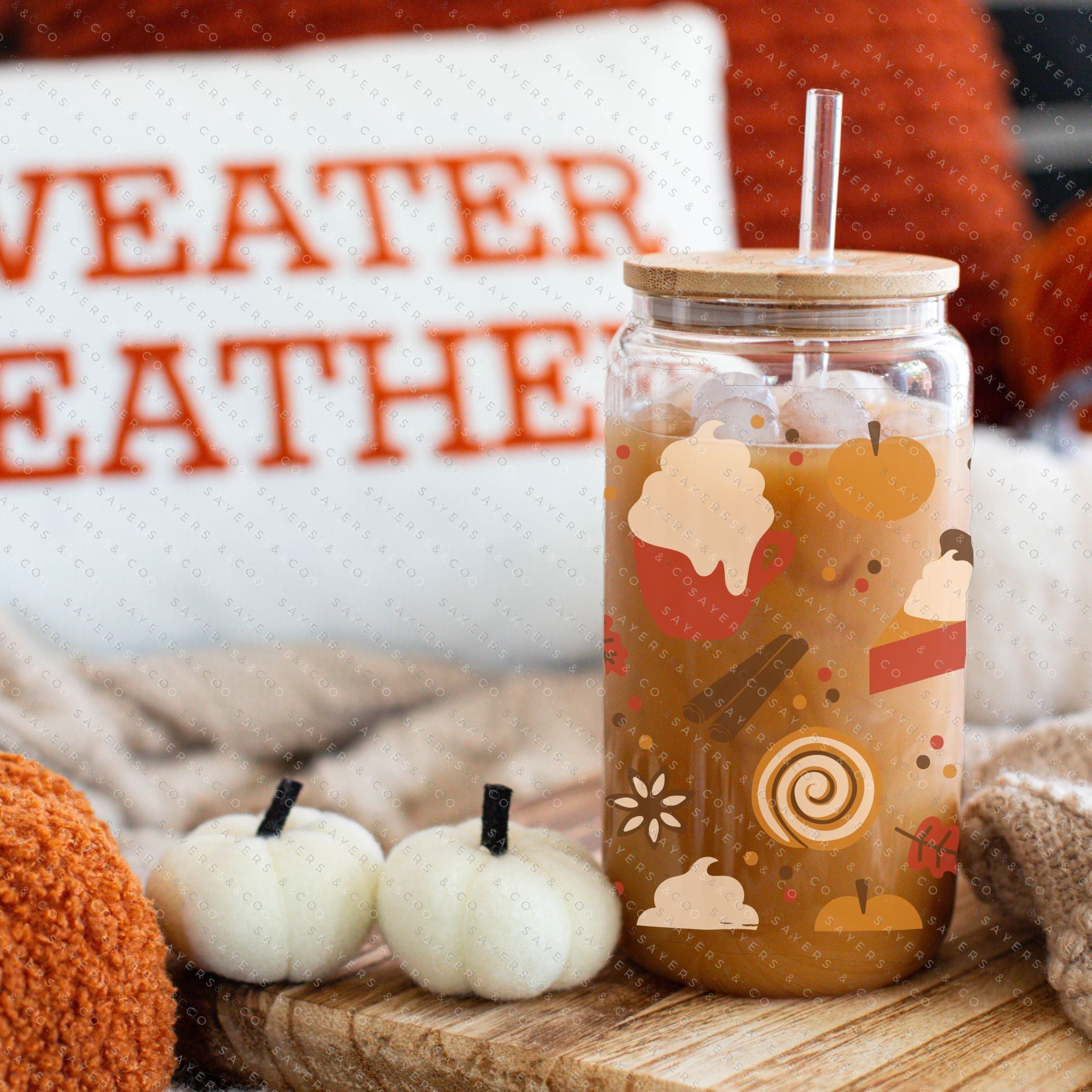 16oz Hello Fall Glass Cup with Bamboo Lid and Straw, featuring a fall-themed design, perfect for seasonal beverages.