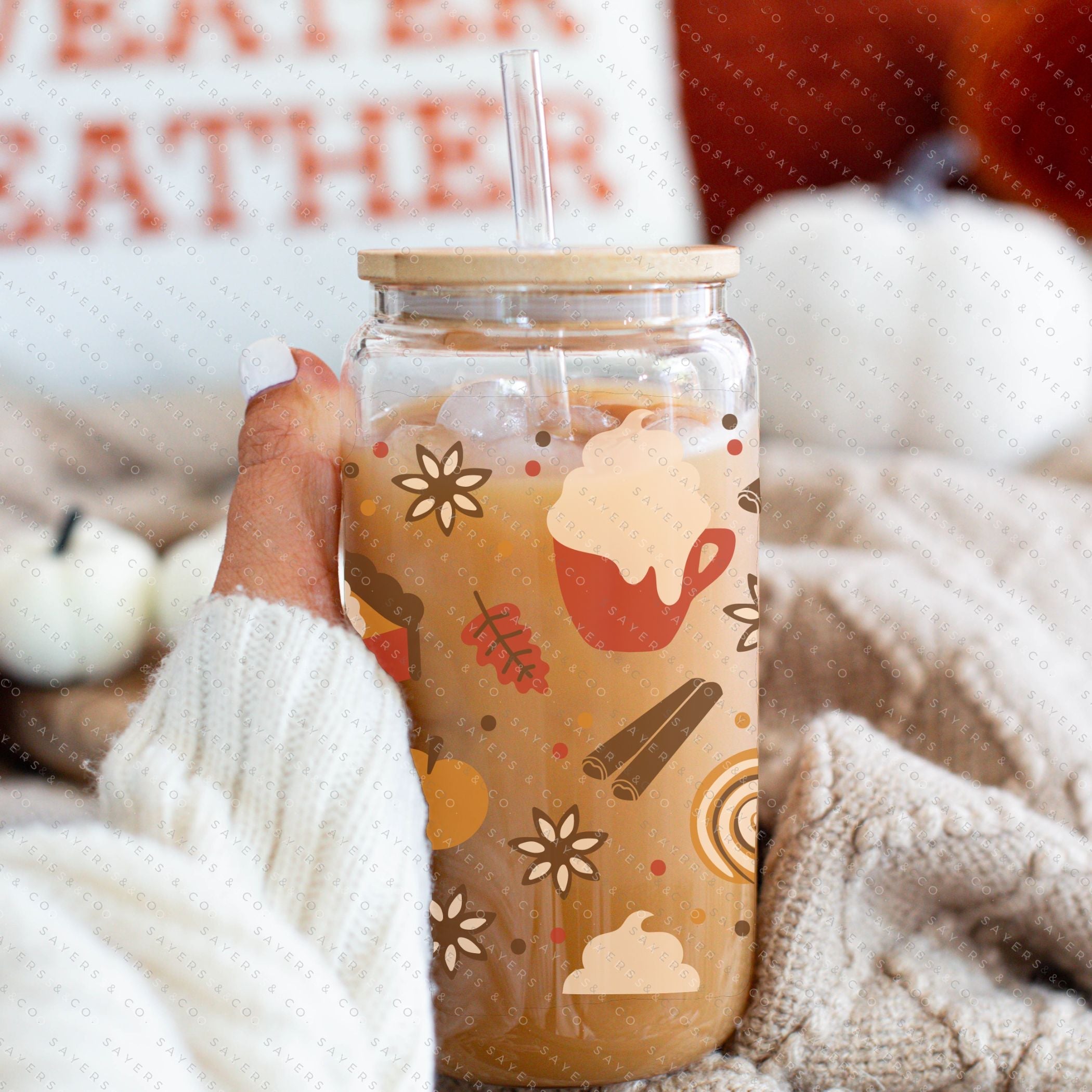 16oz Hello Fall Glass Cup with Bamboo Lid and Straw, featuring a fall-themed design, perfect for seasonal beverages.
