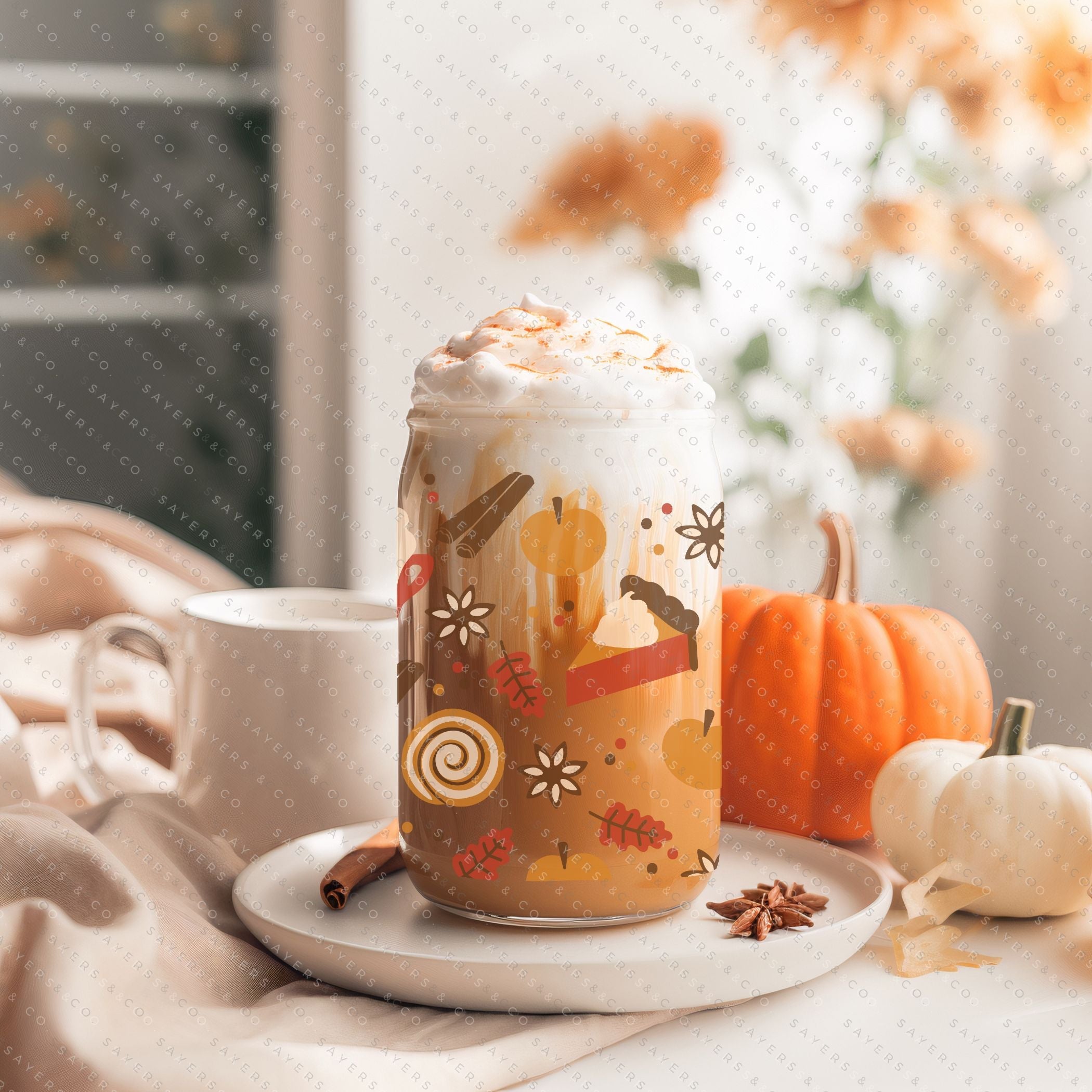 16oz Hello Fall Glass Cup with Bamboo Lid and Straw, featuring a fall-themed design, perfect for seasonal beverages.