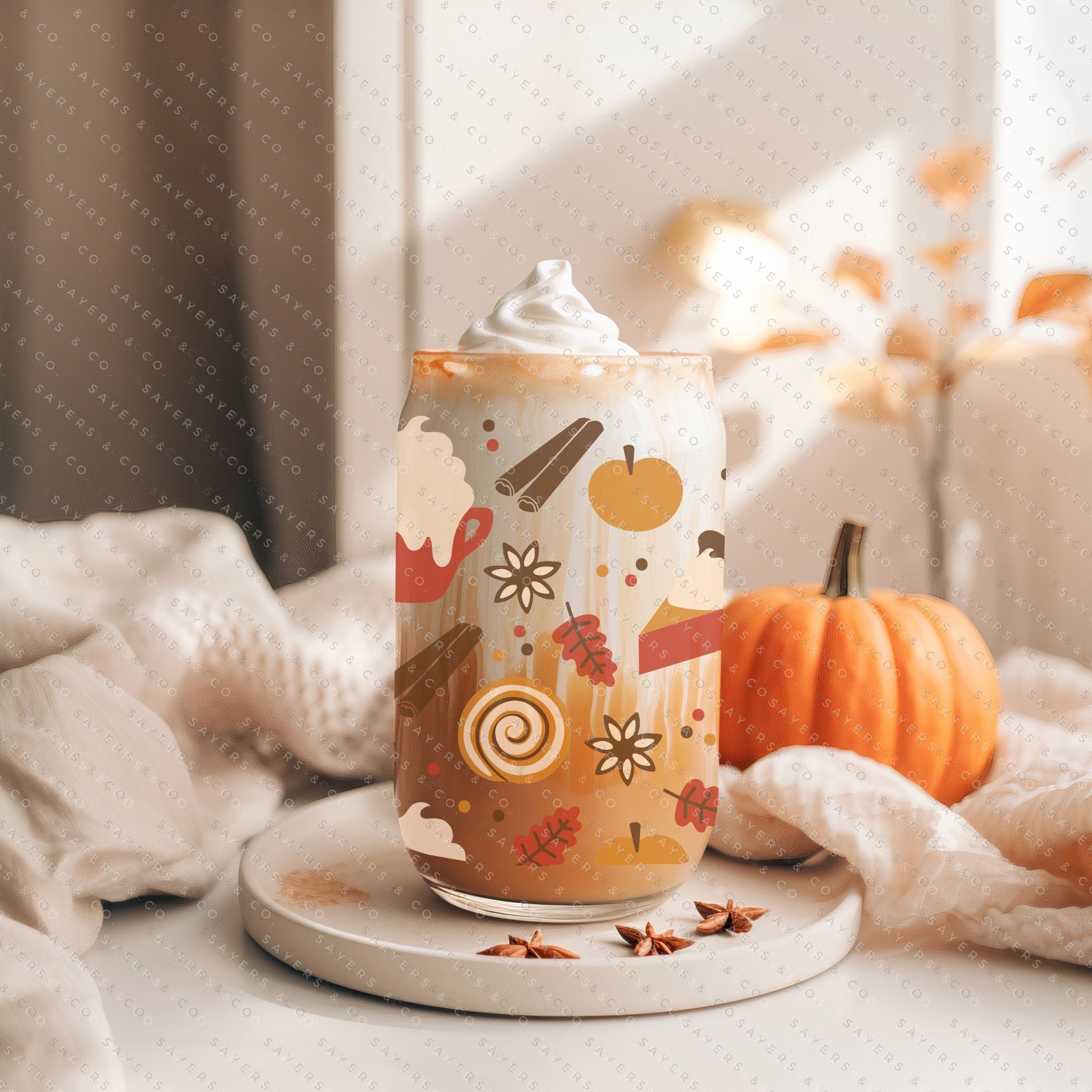 16oz Hello Fall Glass Cup with Bamboo Lid and Straw, featuring a fall-themed design, perfect for seasonal beverages.