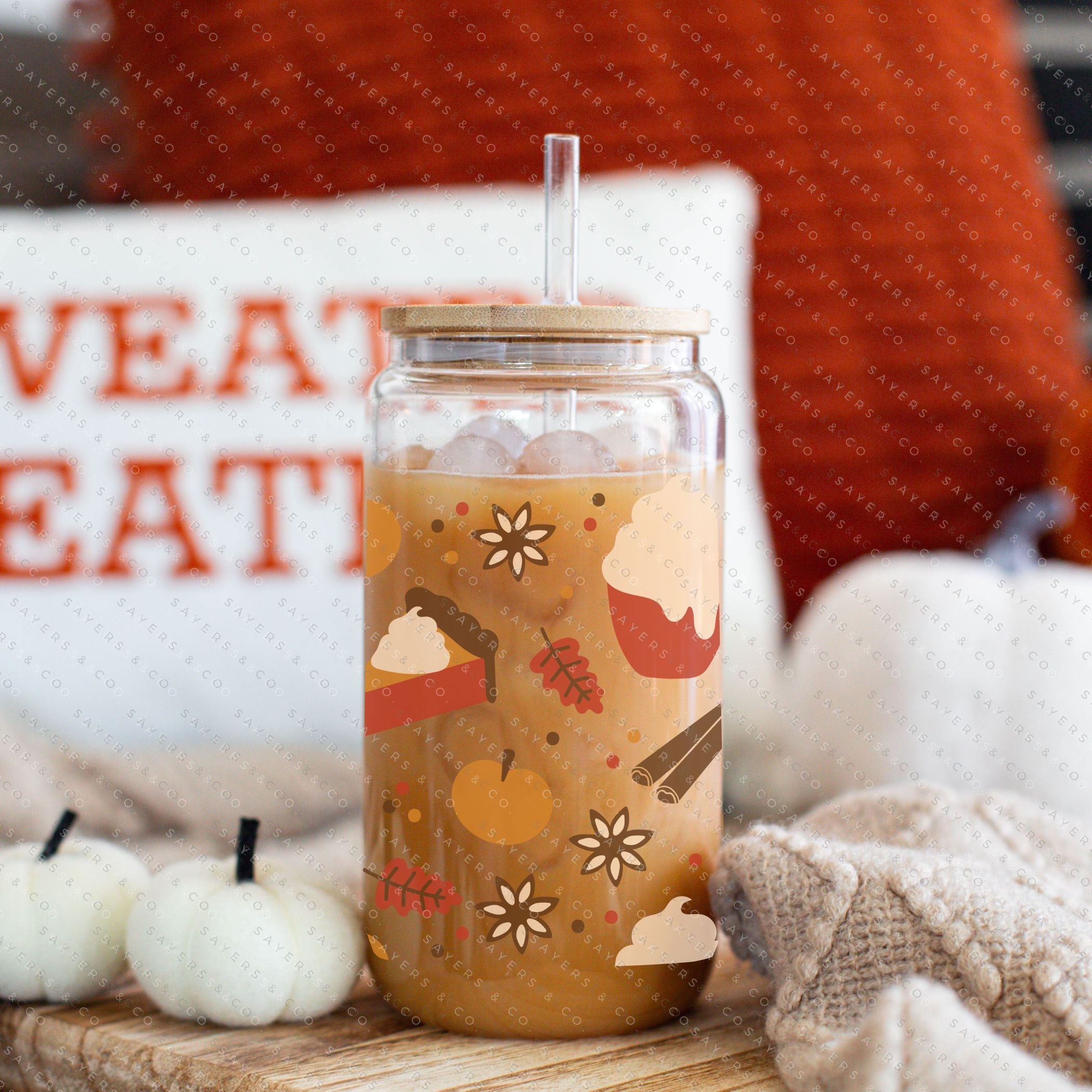 16oz Hello Fall Glass Cup with Bamboo Lid and Straw, featuring a fall-themed design, perfect for seasonal beverages.