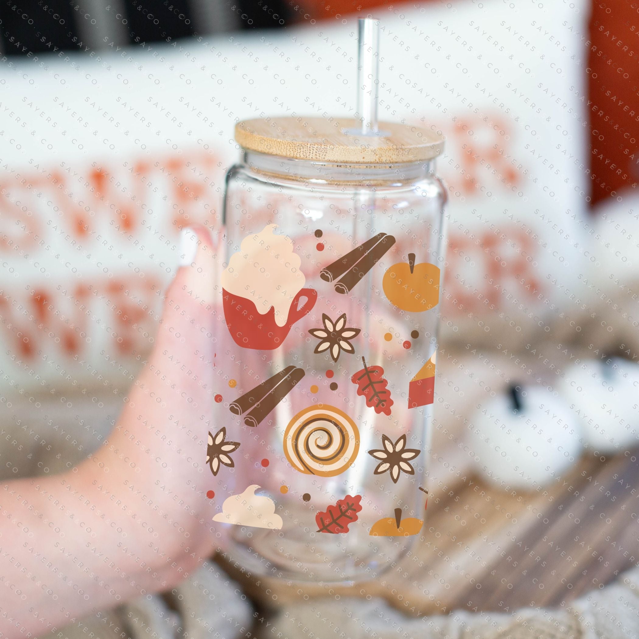 16oz Hello Fall Glass Cup with Bamboo Lid and Straw, featuring a fall-themed design, perfect for seasonal beverages.