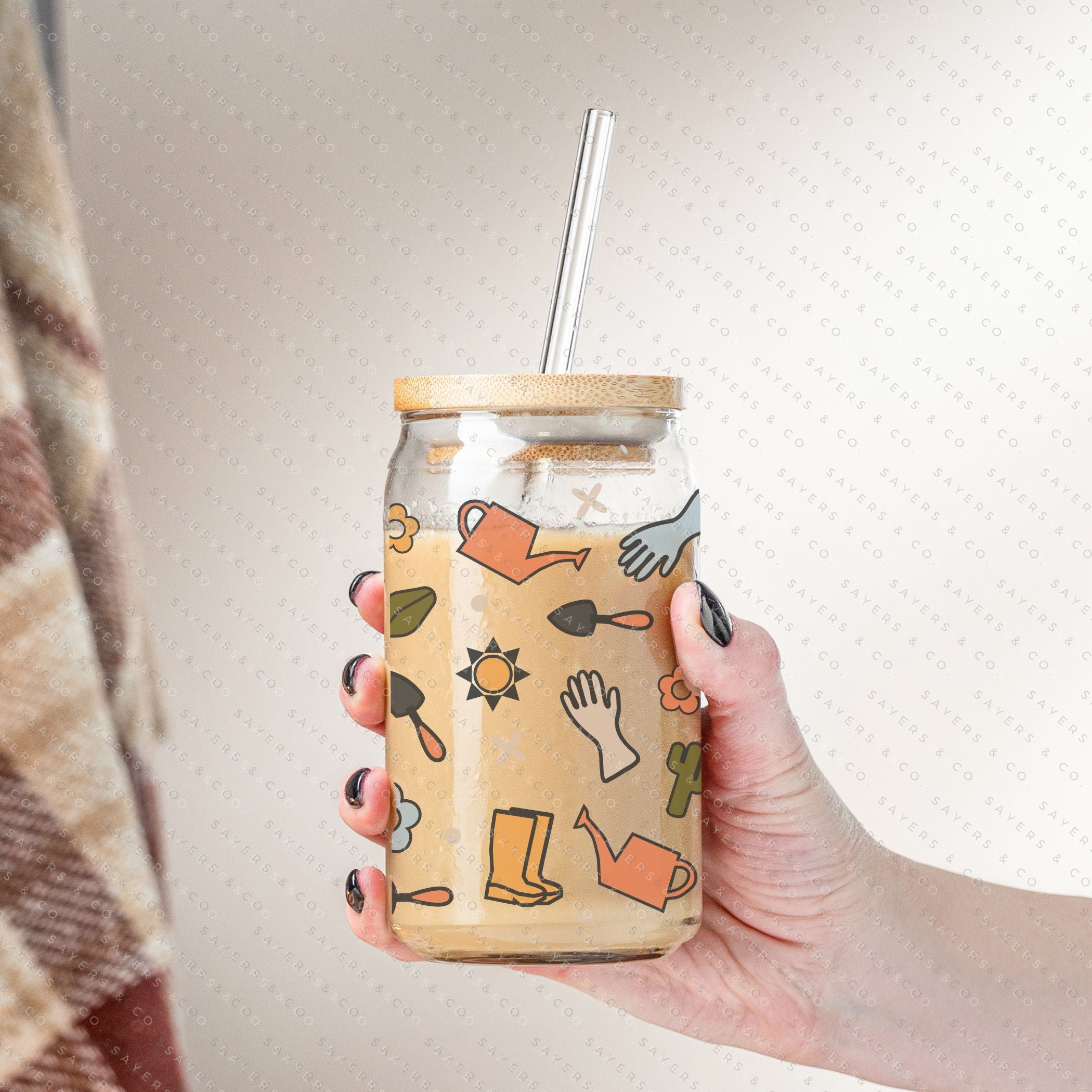 16oz Hoeing Aint Easy Glass Cup with bamboo lid and straw, showcasing a fun design perfect for summer drinks.