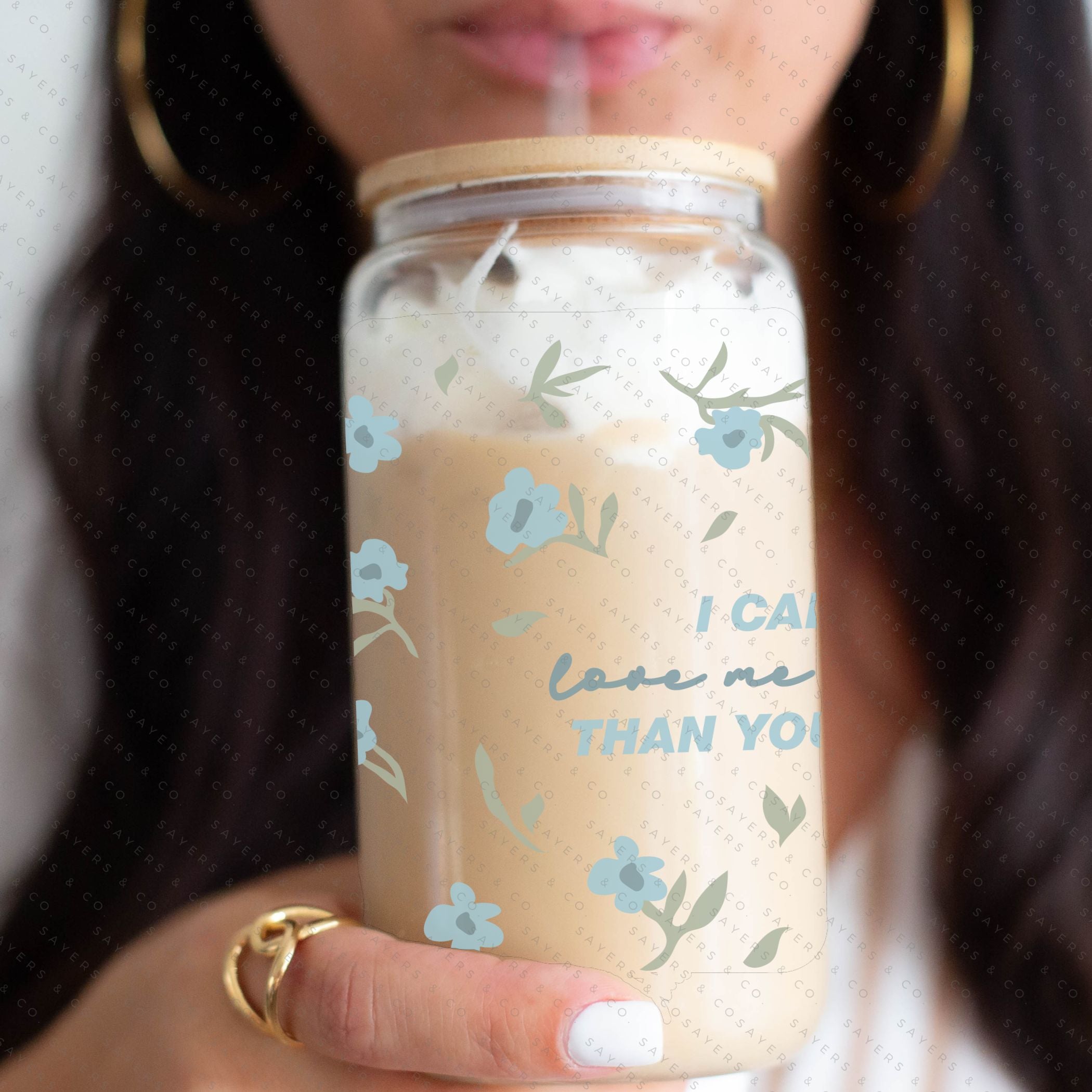 16oz I Can Love Me Better Glass Cup with bamboo lid and straw, showcasing a stylish design perfect for various beverages.