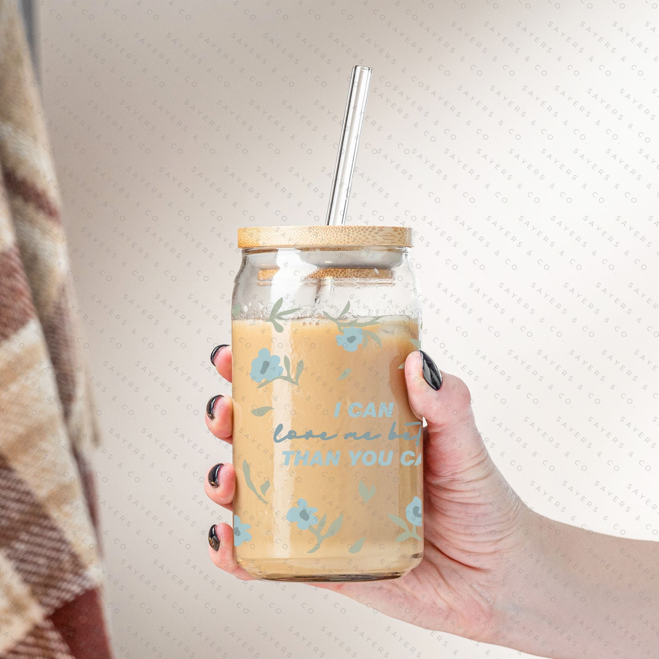 16oz I Can Love Me Better Glass Cup with bamboo lid and straw, showcasing a stylish design perfect for various beverages.