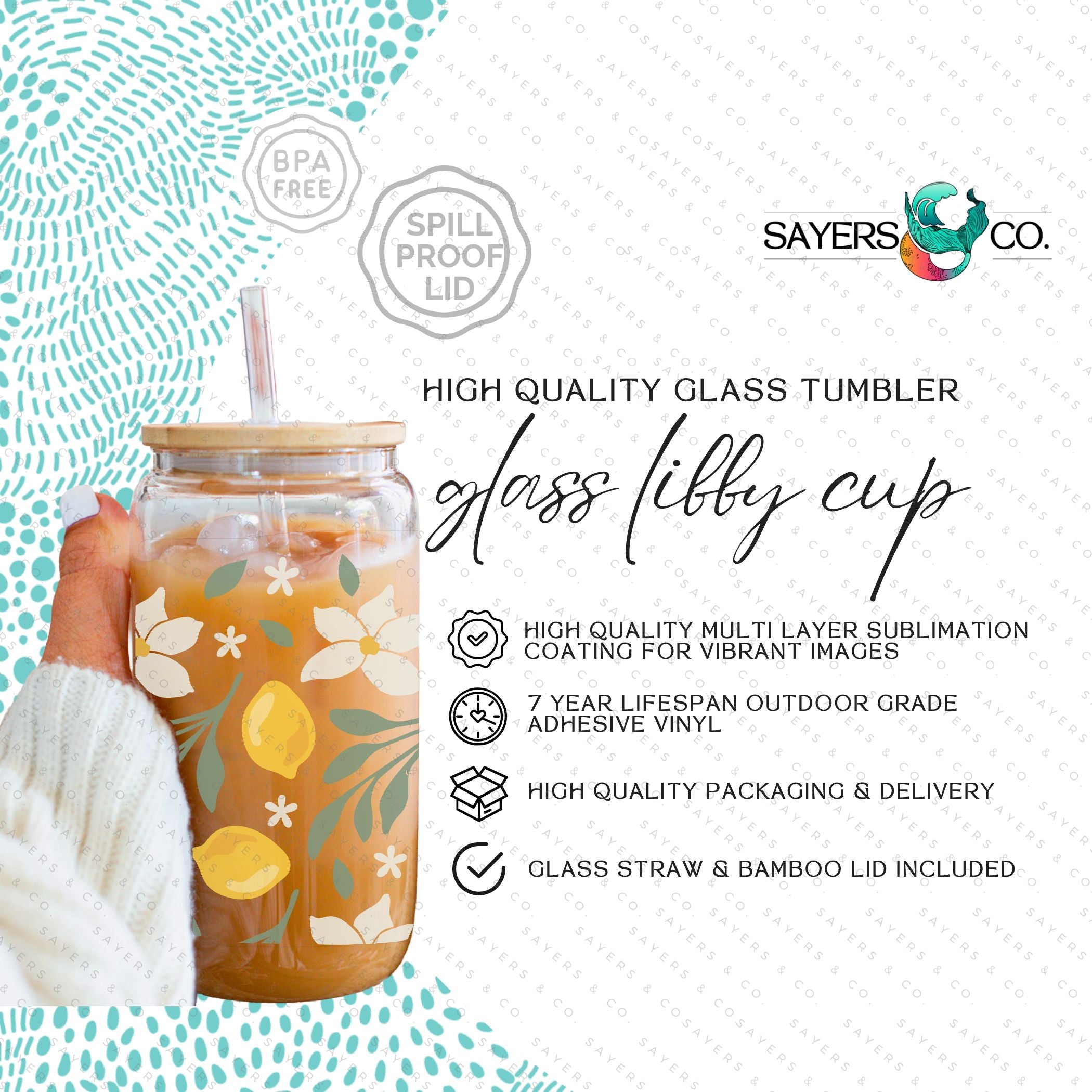 16oz Lemon Bloom Glass Cup featuring a bamboo lid and straw, designed for stylish beverage enjoyment.