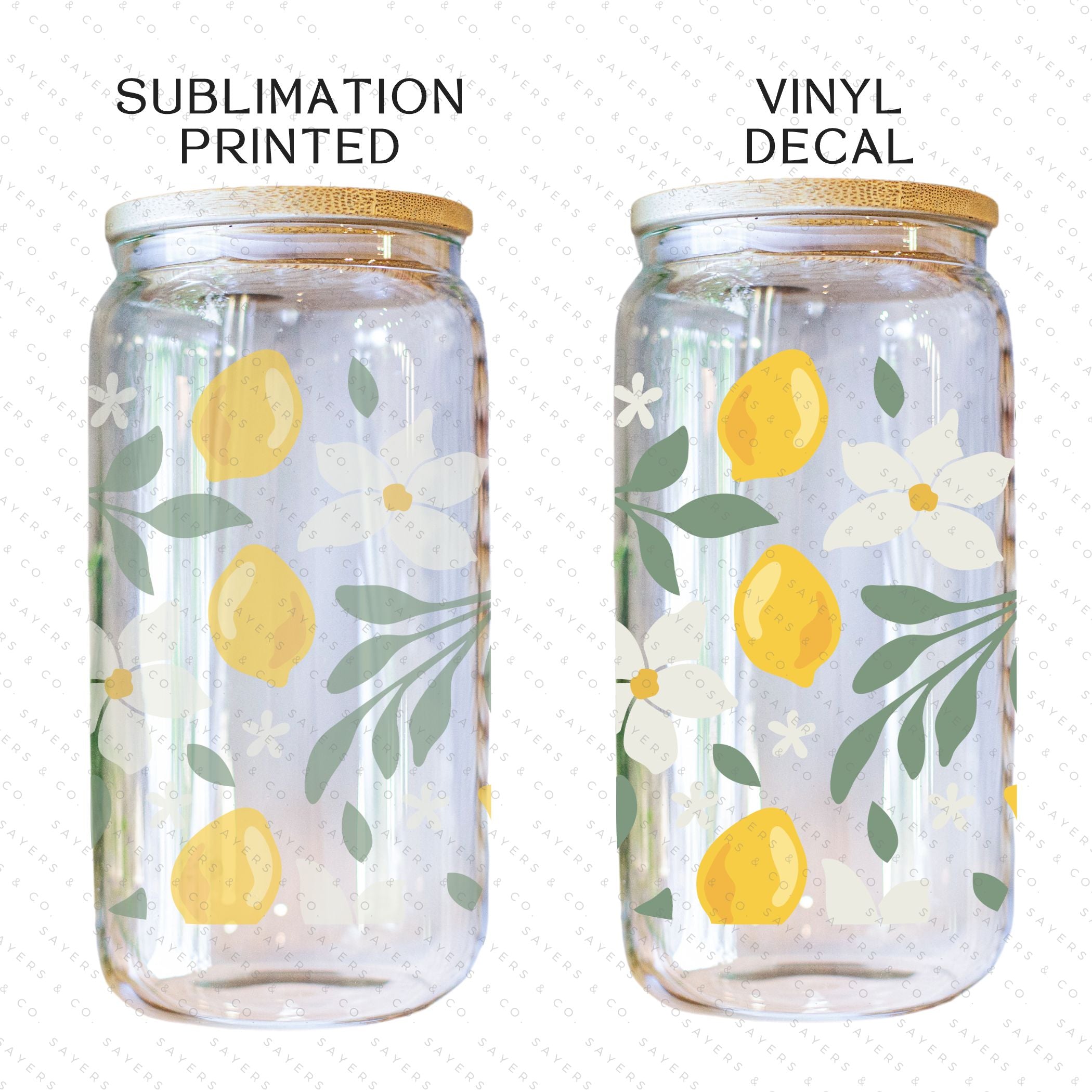 16oz Lemon Bloom Glass Cup featuring a bamboo lid and straw, designed for stylish beverage enjoyment.