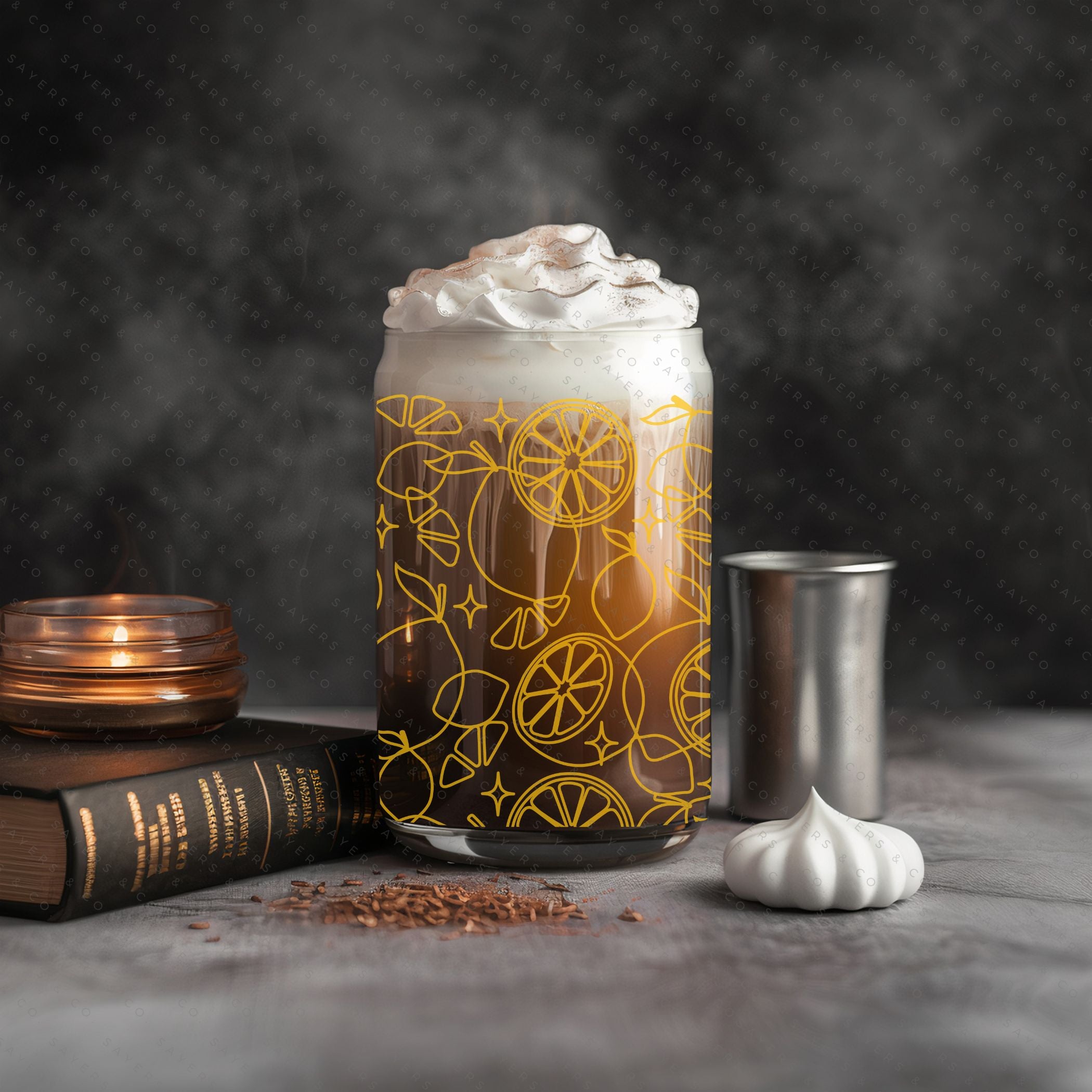 16oz Lemon Lock Glass Cup with Bamboo Lid and Straw, featuring a vibrant lemon design, perfect for beverages.