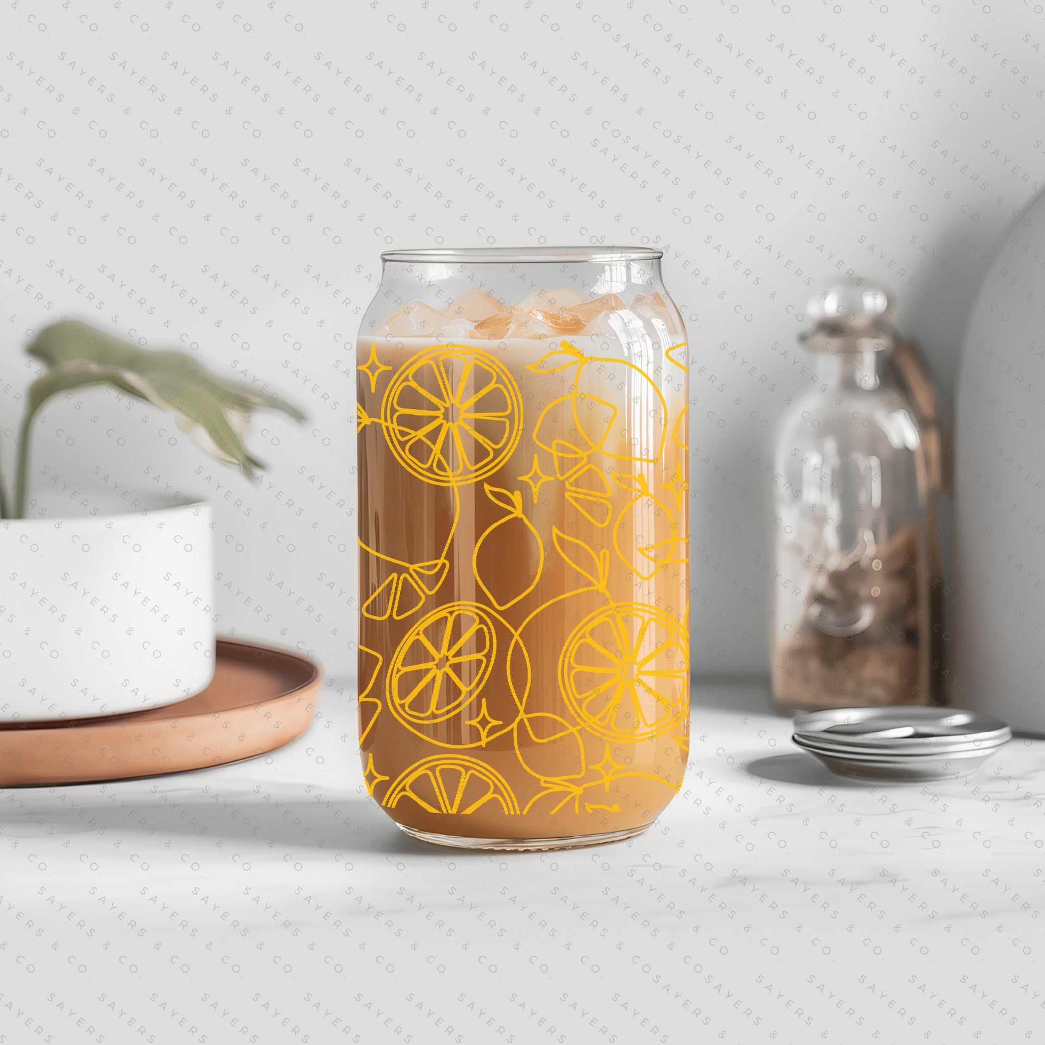16oz Lemon Lock Glass Cup with Bamboo Lid and Straw, featuring a vibrant lemon design, perfect for beverages.