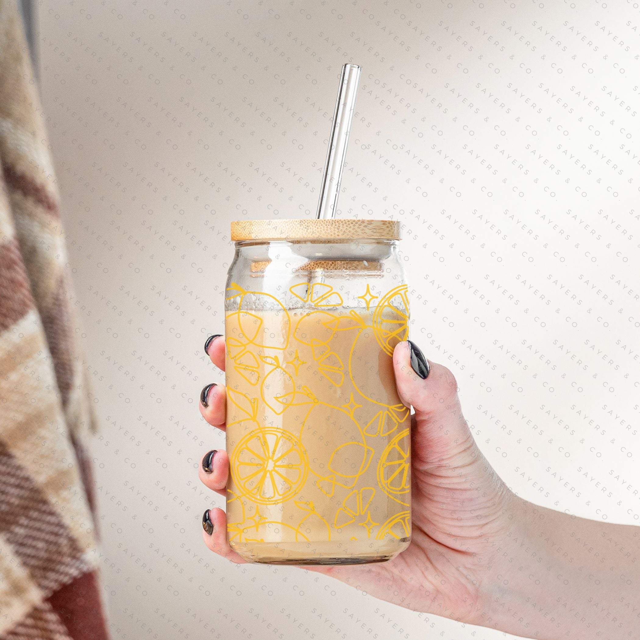 16oz Lemon Lock Glass Cup with Bamboo Lid and Straw, featuring a vibrant lemon design, perfect for beverages.