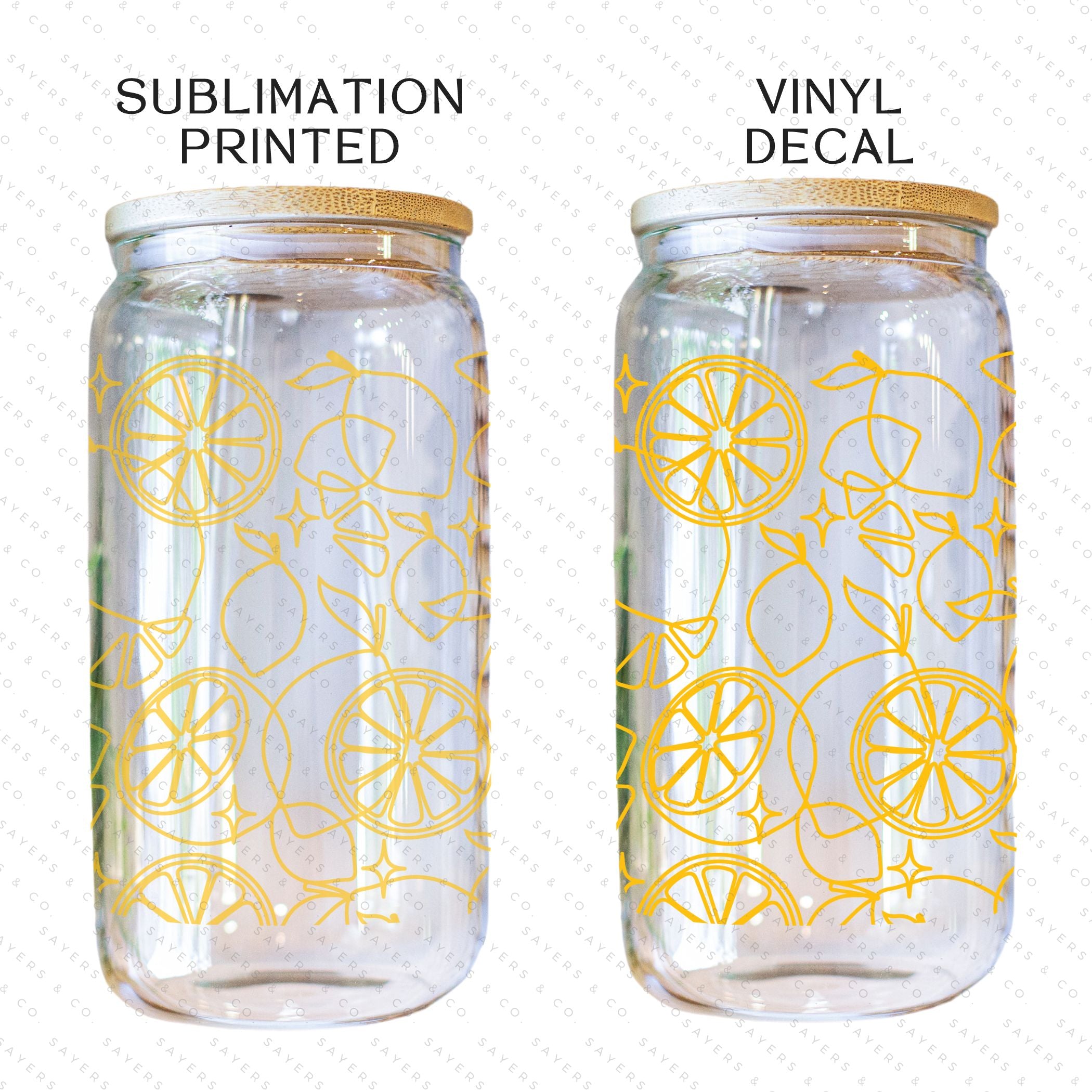 16oz Lemon Lock Glass Cup with Bamboo Lid and Straw, featuring a vibrant lemon design, perfect for beverages.