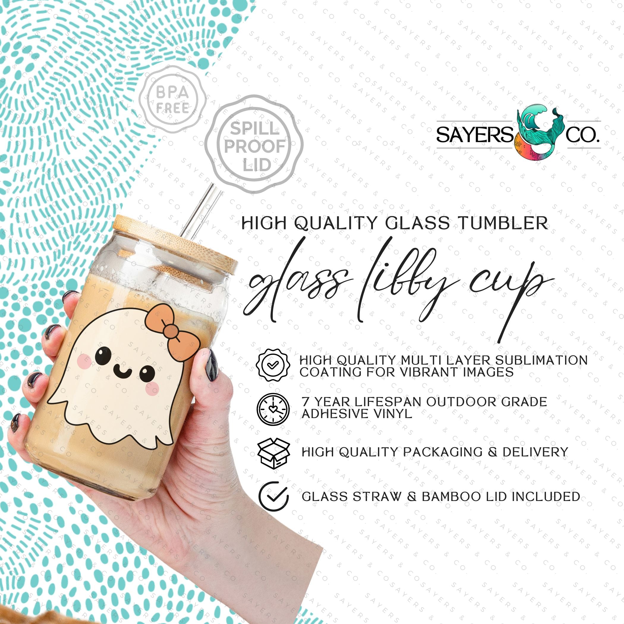 16oz Lil Boo Thang Glass Cup with bamboo lid and straw, featuring a spooky design perfect for Halloween.