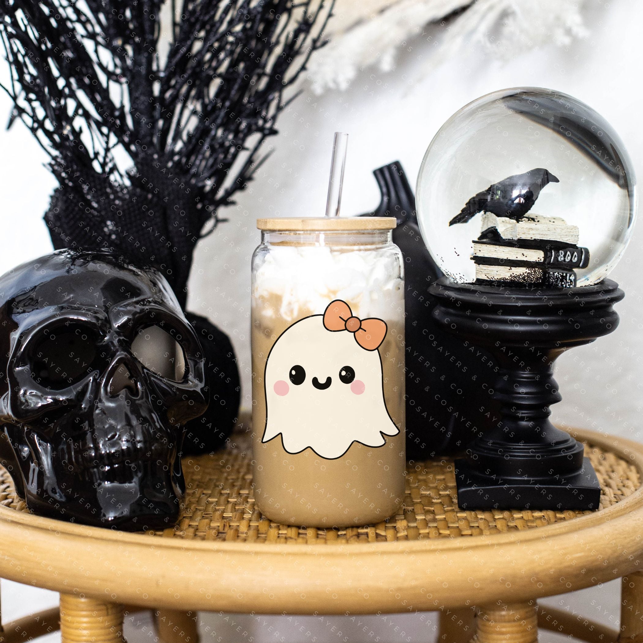 16oz Lil Boo Thang Glass Cup with bamboo lid and straw, featuring a spooky design perfect for Halloween.