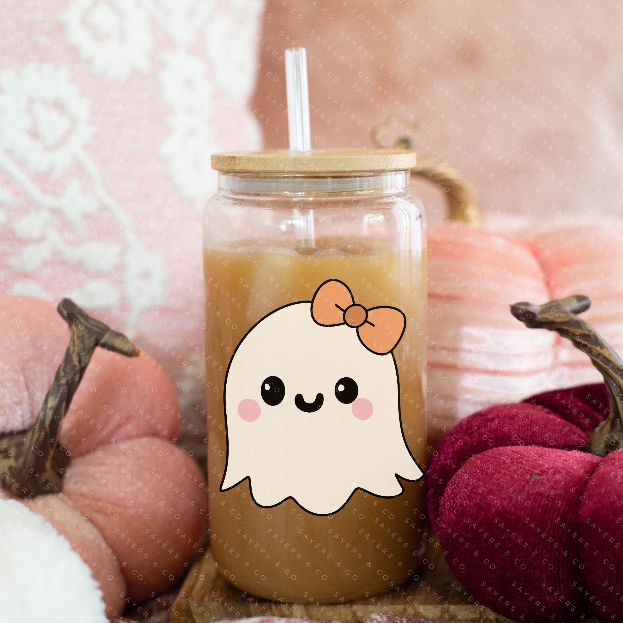 16oz Lil Boo Thang Glass Cup with bamboo lid and straw, featuring a spooky design perfect for Halloween.