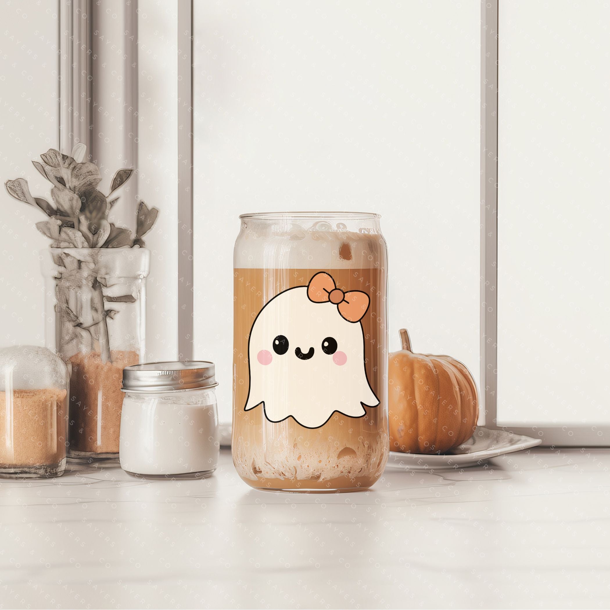 16oz Lil Boo Thang Glass Cup with bamboo lid and straw, featuring a spooky design perfect for Halloween.