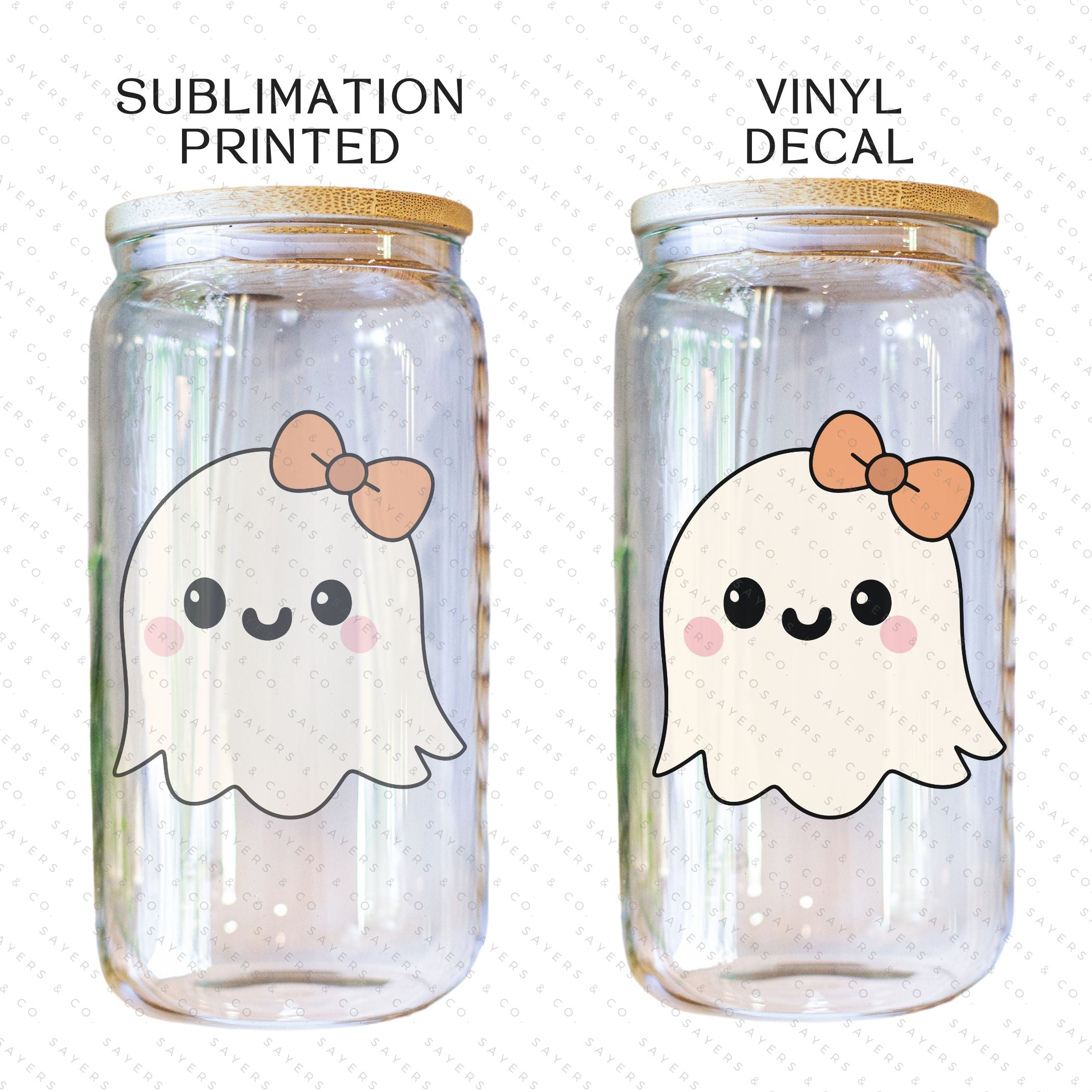 16oz Lil Boo Thang Glass Cup with bamboo lid and straw, featuring a spooky design perfect for Halloween.