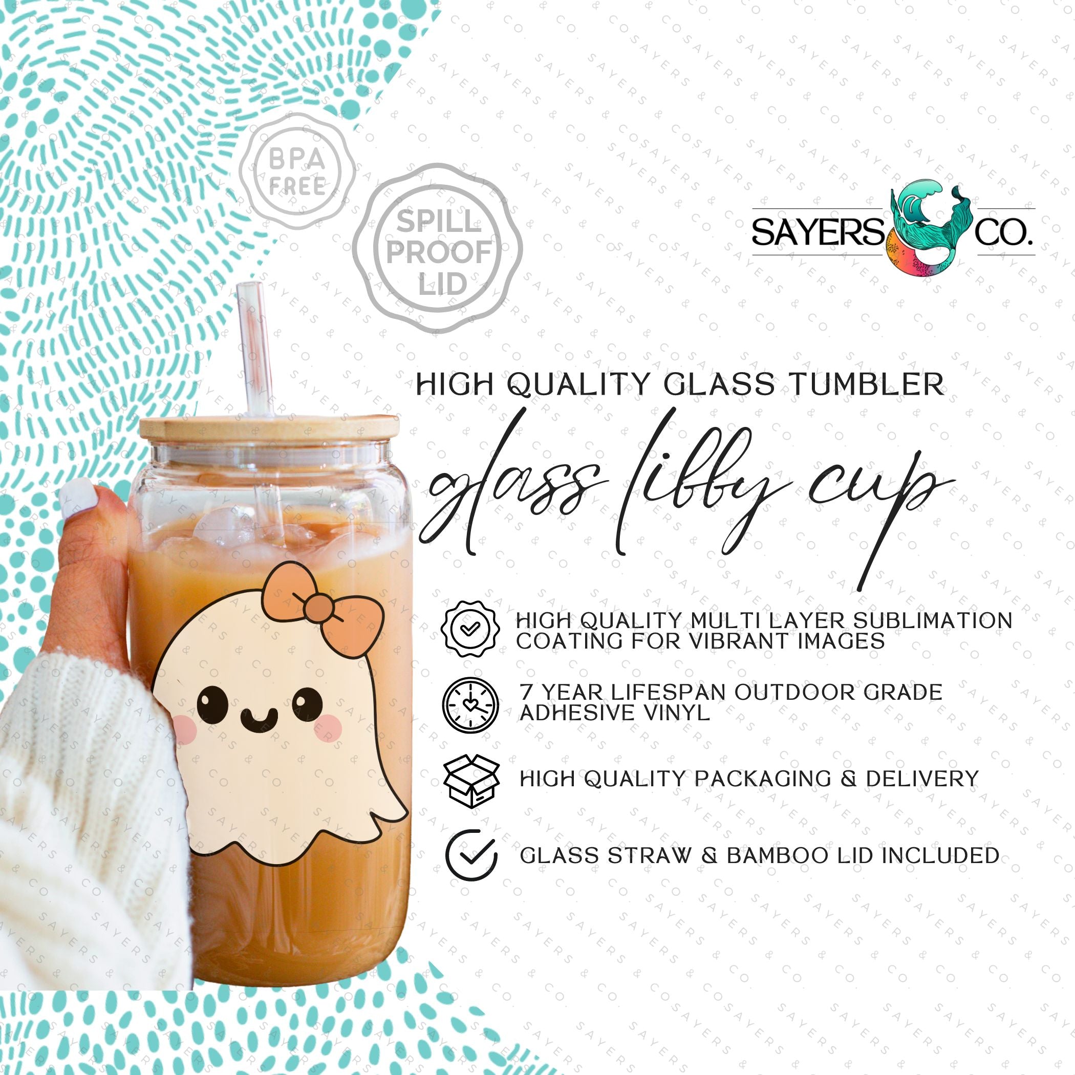 16oz Lil Boo Thang Glass Cup with bamboo lid and straw, featuring a spooky design perfect for Halloween.