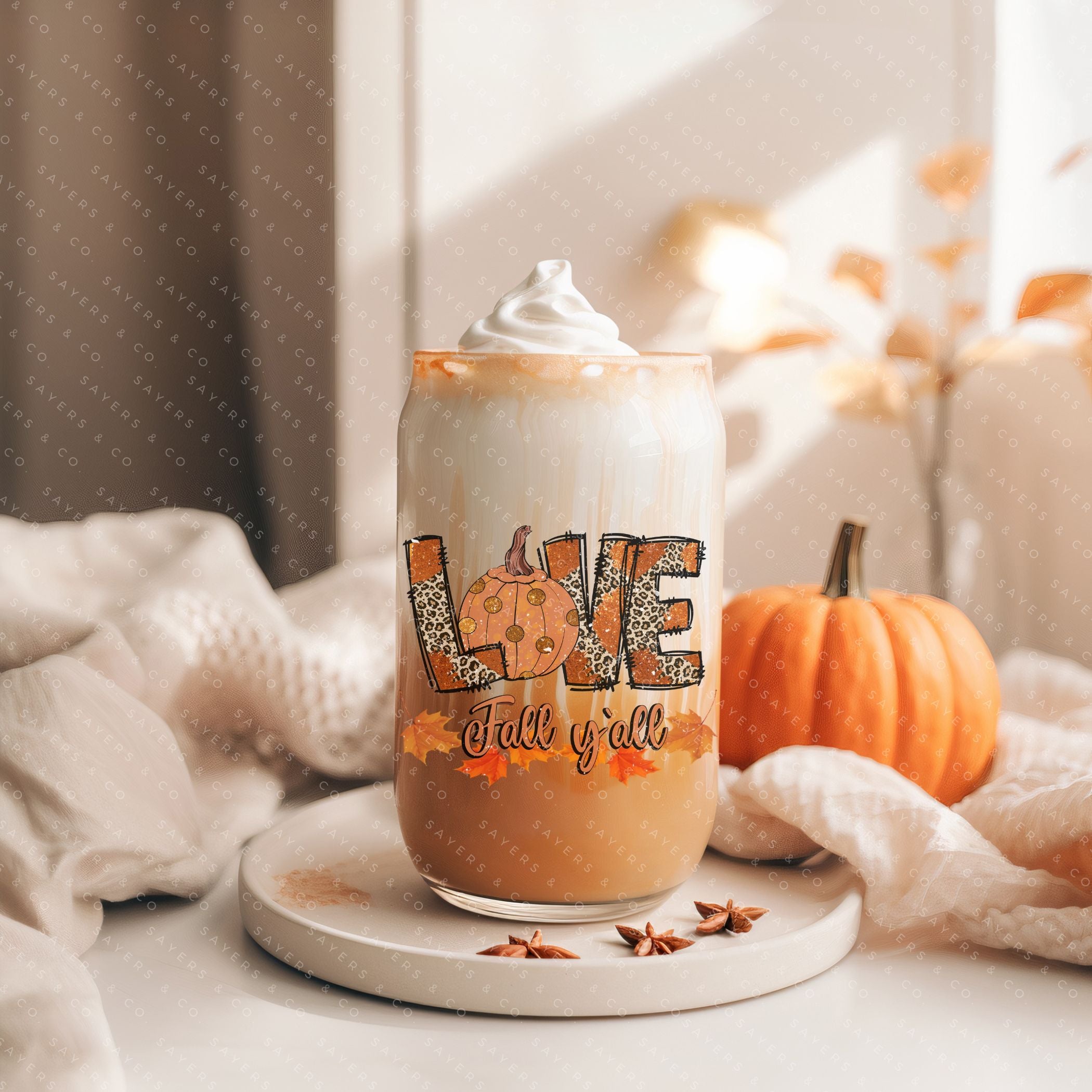16oz Love Fall Yall Design Glass Cup featuring a bamboo lid and straw, perfect for autumn beverages.