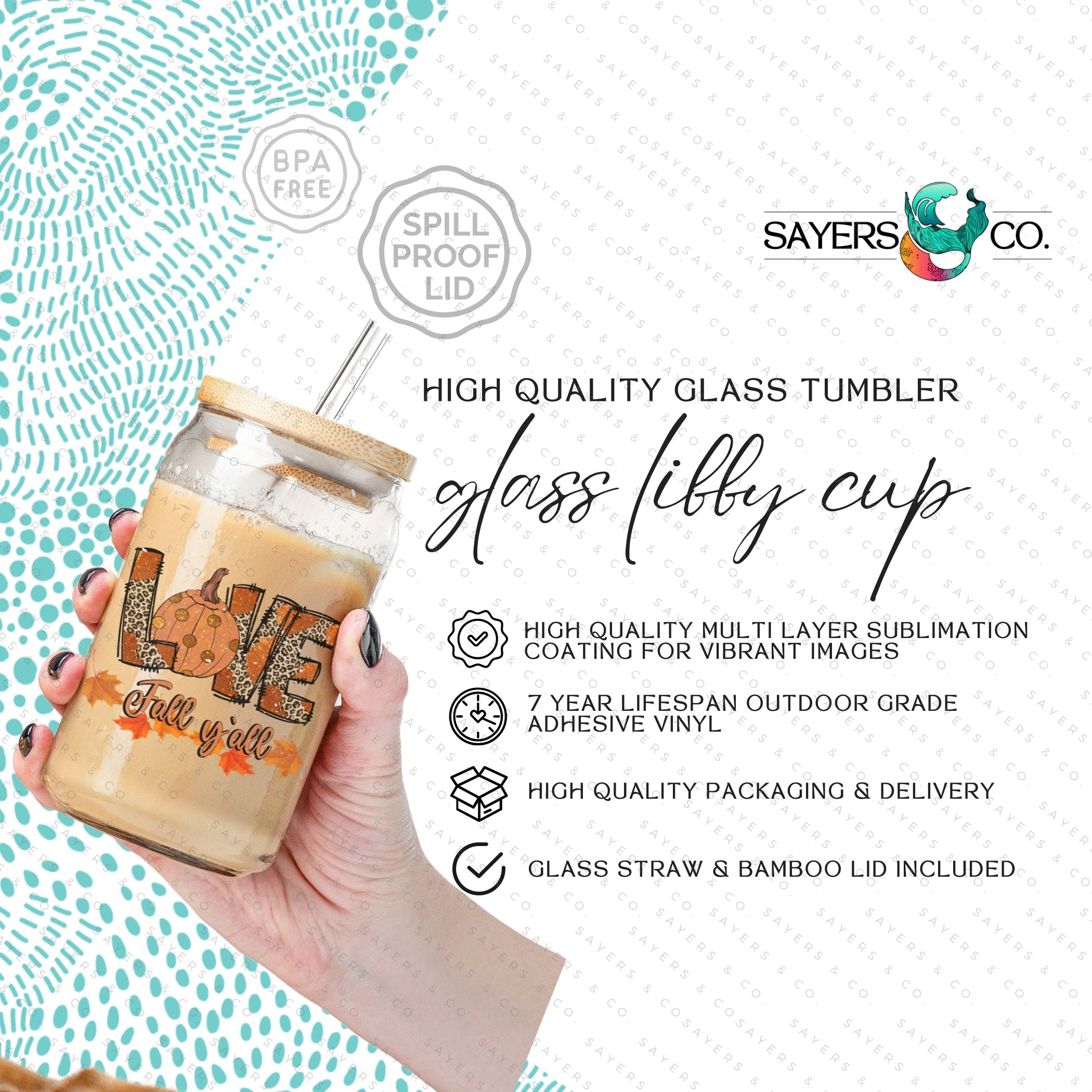 16oz Love Fall Yall Design Glass Cup featuring a bamboo lid and straw, perfect for autumn beverages.