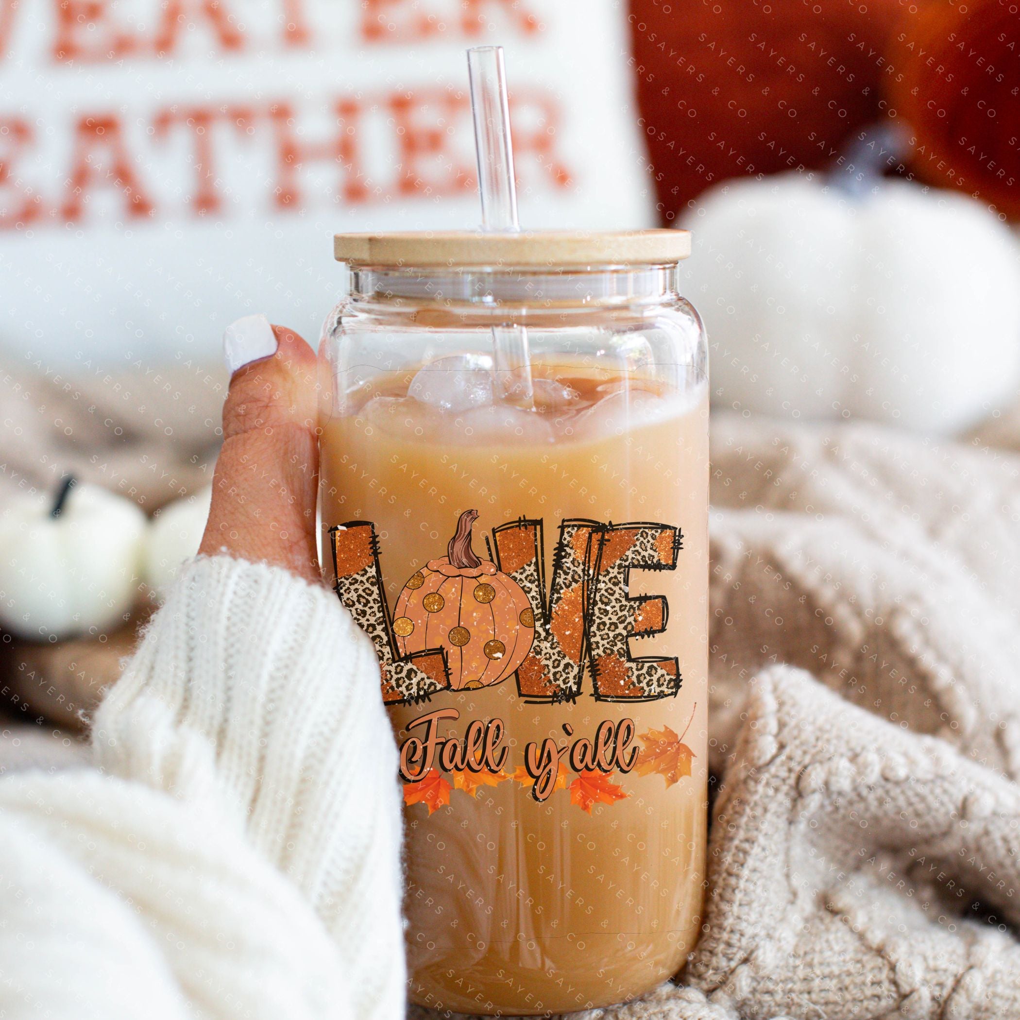 16oz Love Fall Yall Design Glass Cup featuring a bamboo lid and straw, perfect for autumn beverages.