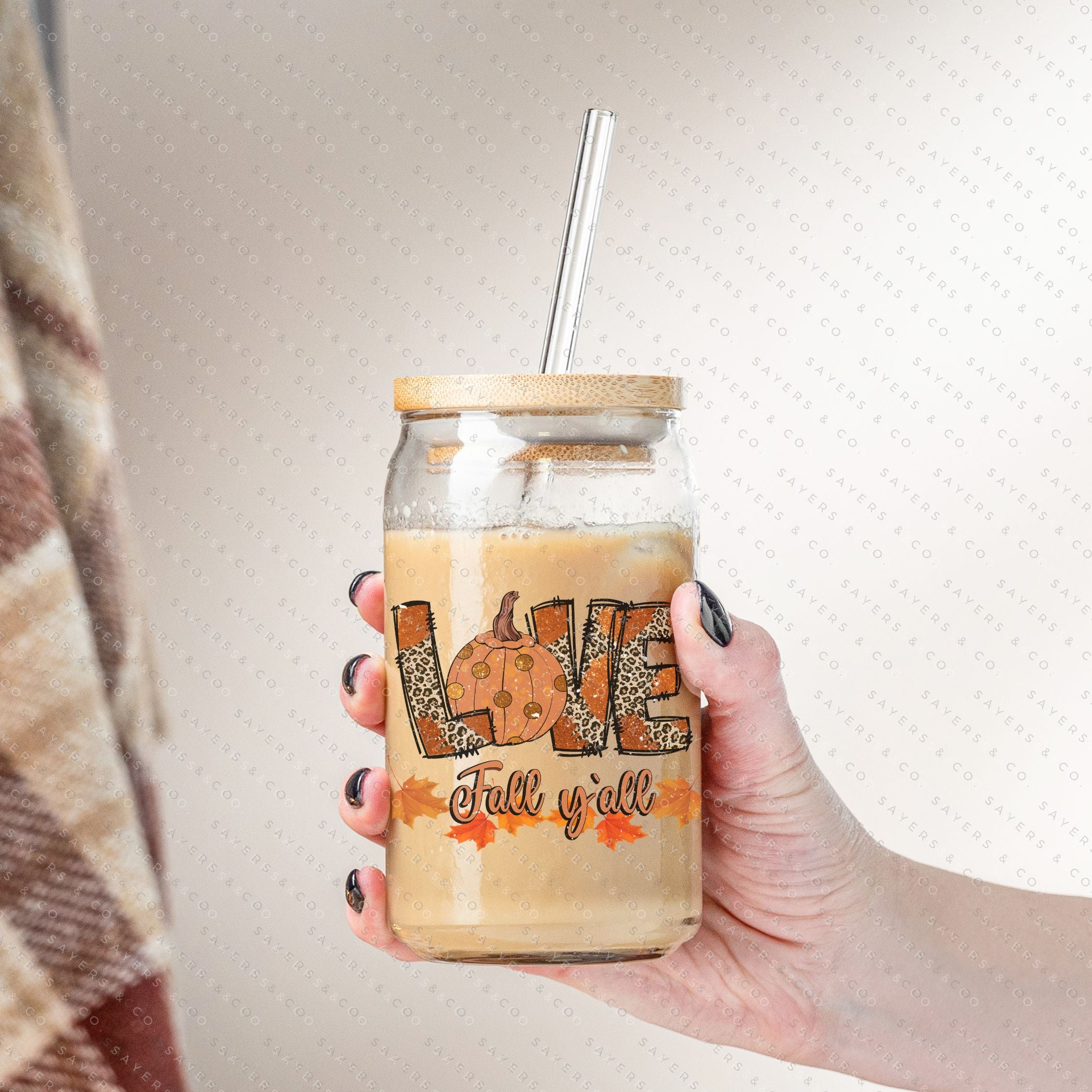 16oz Love Fall Yall Design Glass Cup featuring a bamboo lid and straw, perfect for autumn beverages.