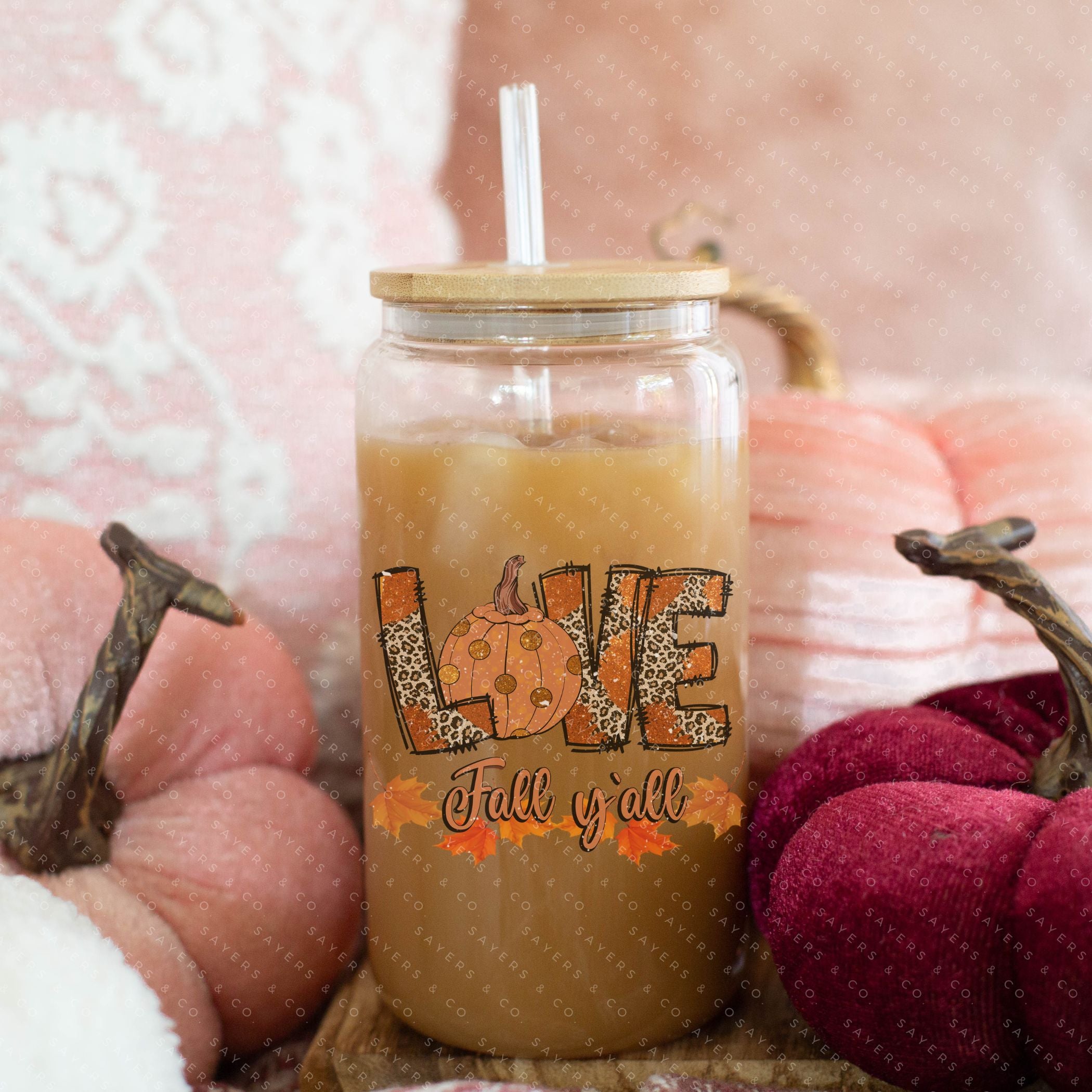 16oz Love Fall Yall Design Glass Cup featuring a bamboo lid and straw, perfect for autumn beverages.
