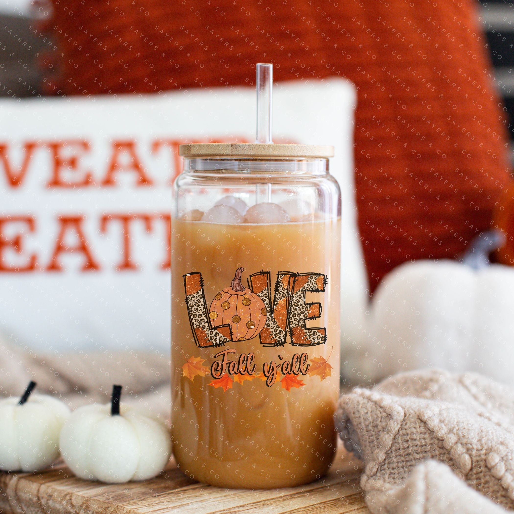 16oz Love Fall Yall Design Glass Cup featuring a bamboo lid and straw, perfect for autumn beverages.