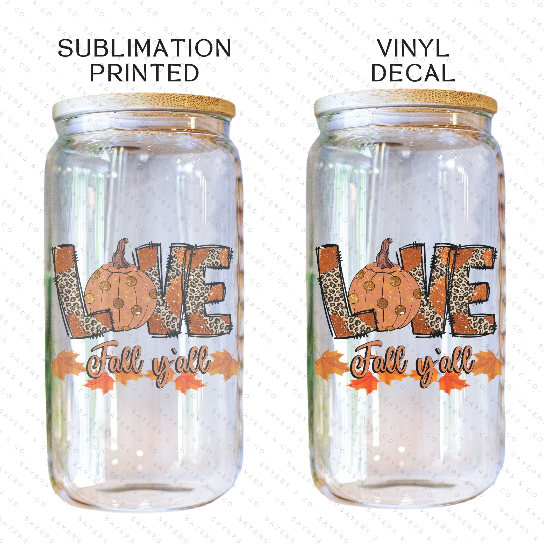 16oz Love Fall Yall Design Glass Cup featuring a bamboo lid and straw, perfect for autumn beverages.