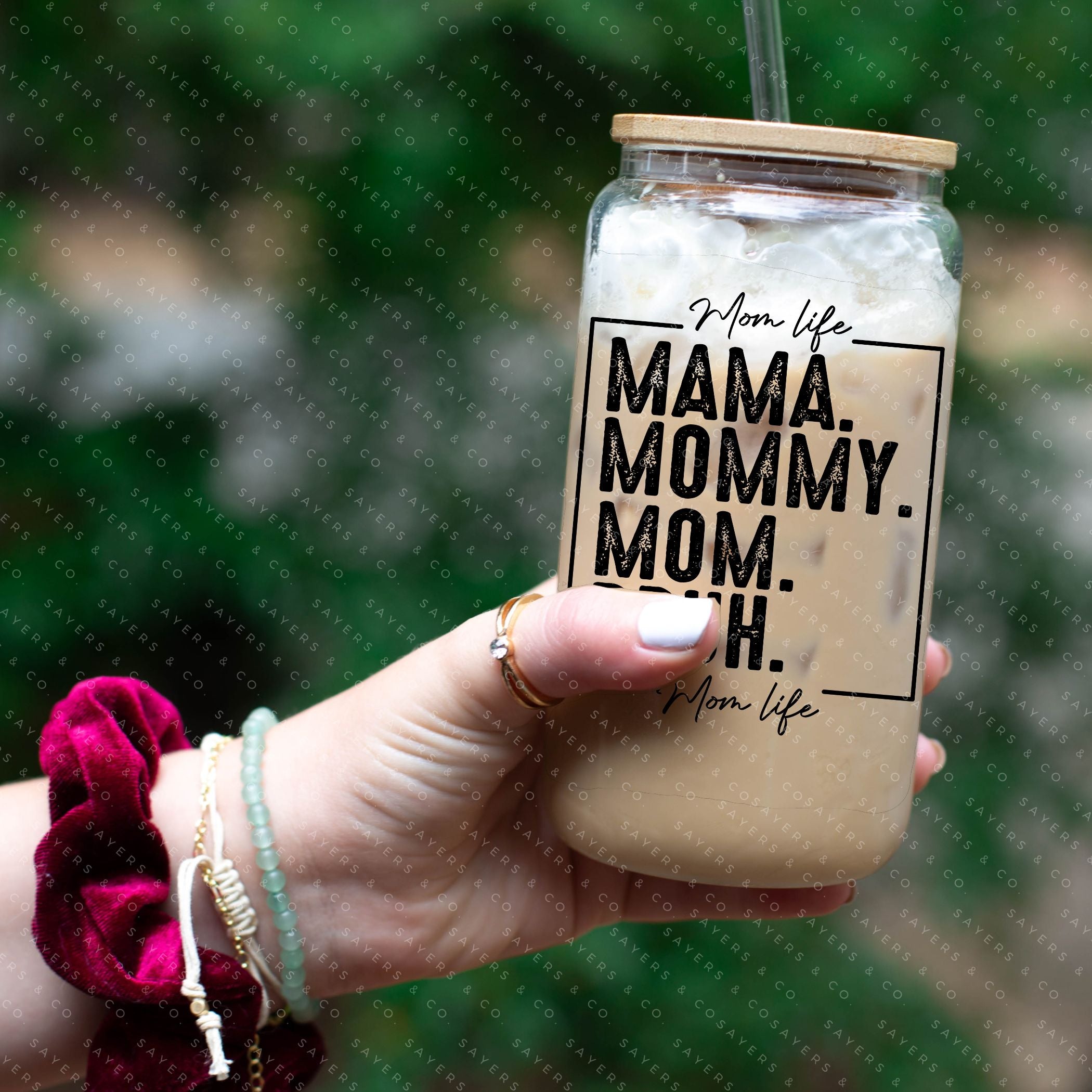 16oz Mama Bruh Glass Cup with bamboo lid and straw, showcasing a humorous design perfect for drinks.
