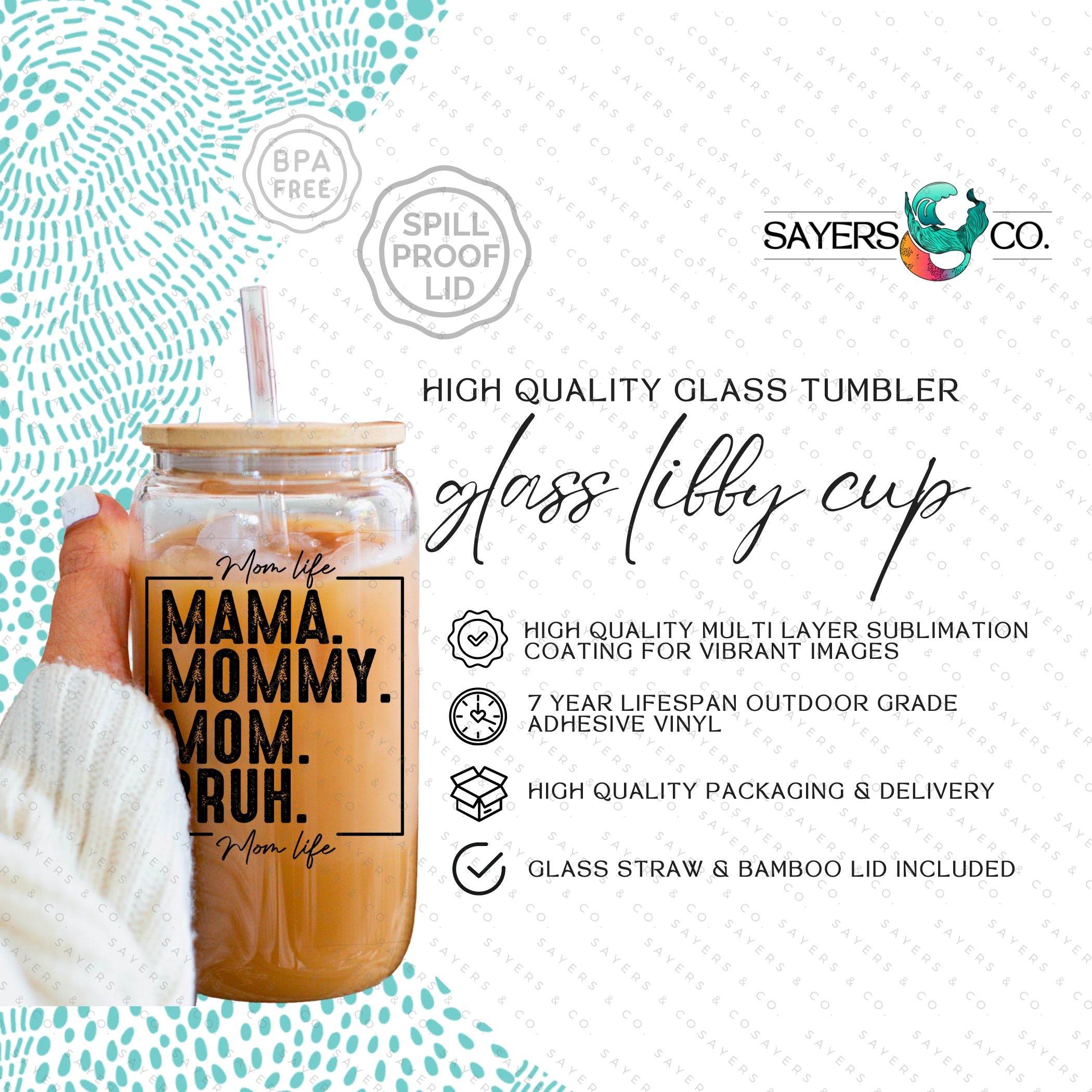16oz Mama Bruh Glass Cup with bamboo lid and straw, showcasing a humorous design perfect for drinks.