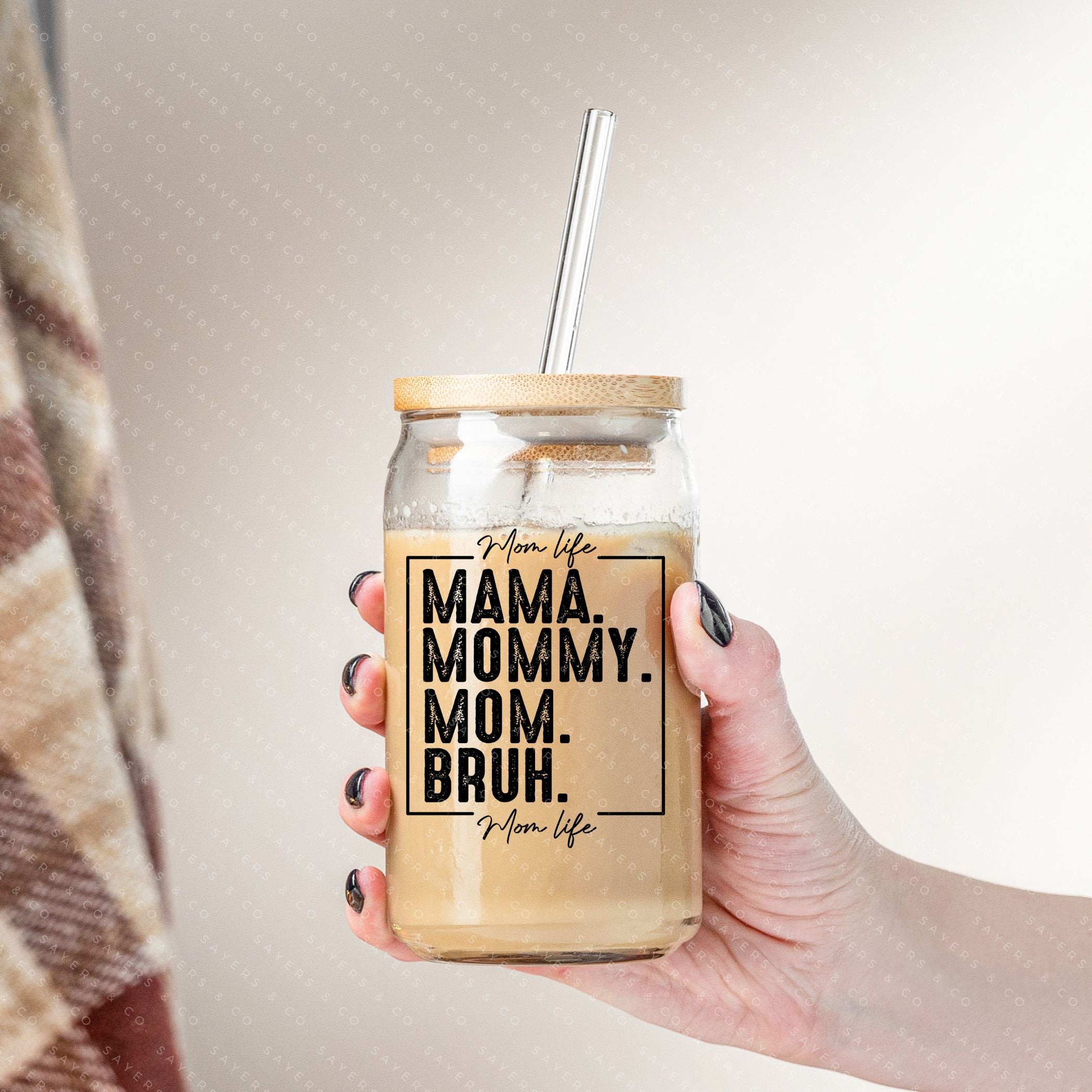 16oz Mama Bruh Glass Cup with bamboo lid and straw, showcasing a humorous design perfect for drinks.