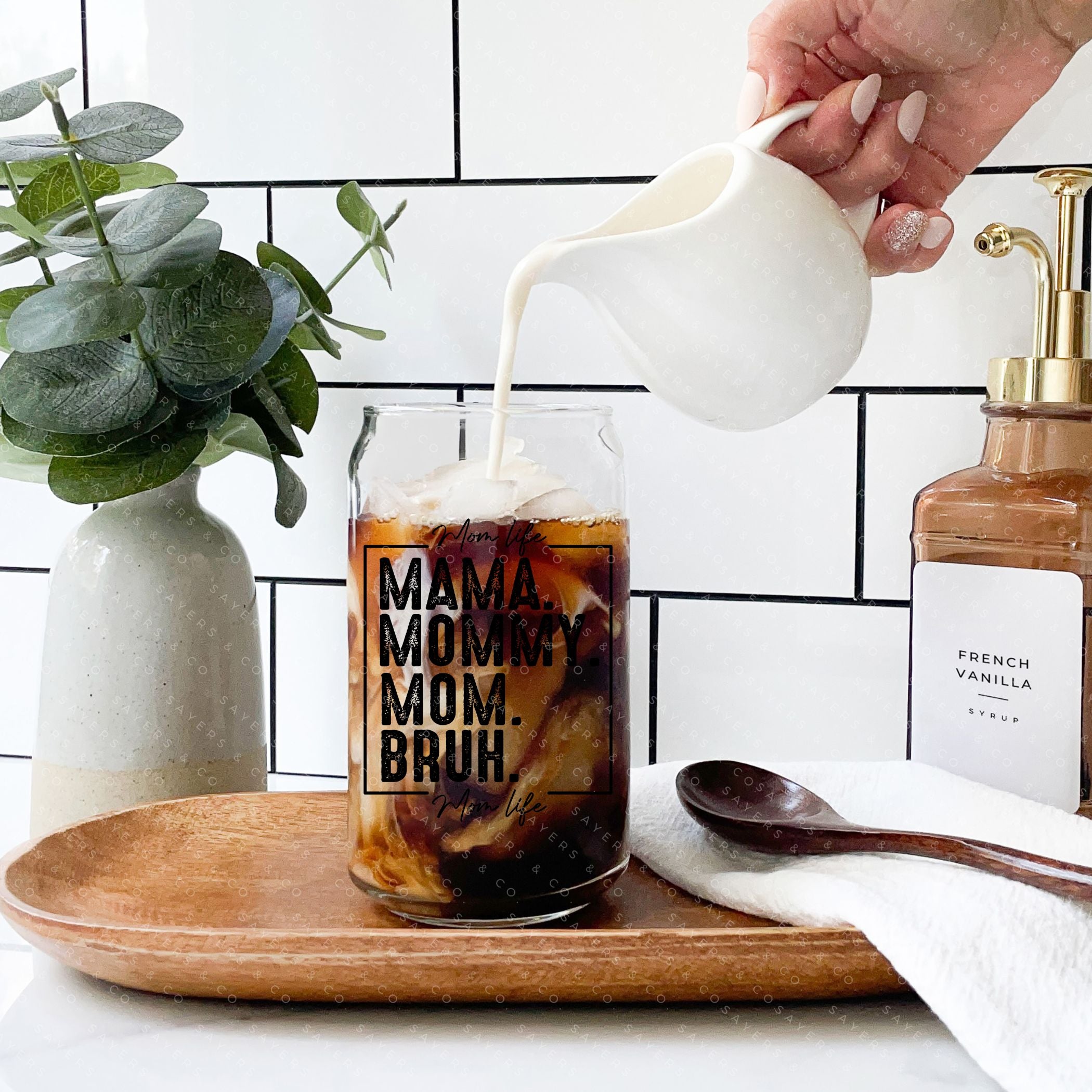 16oz Mama Bruh Glass Cup with bamboo lid and straw, showcasing a humorous design perfect for drinks.