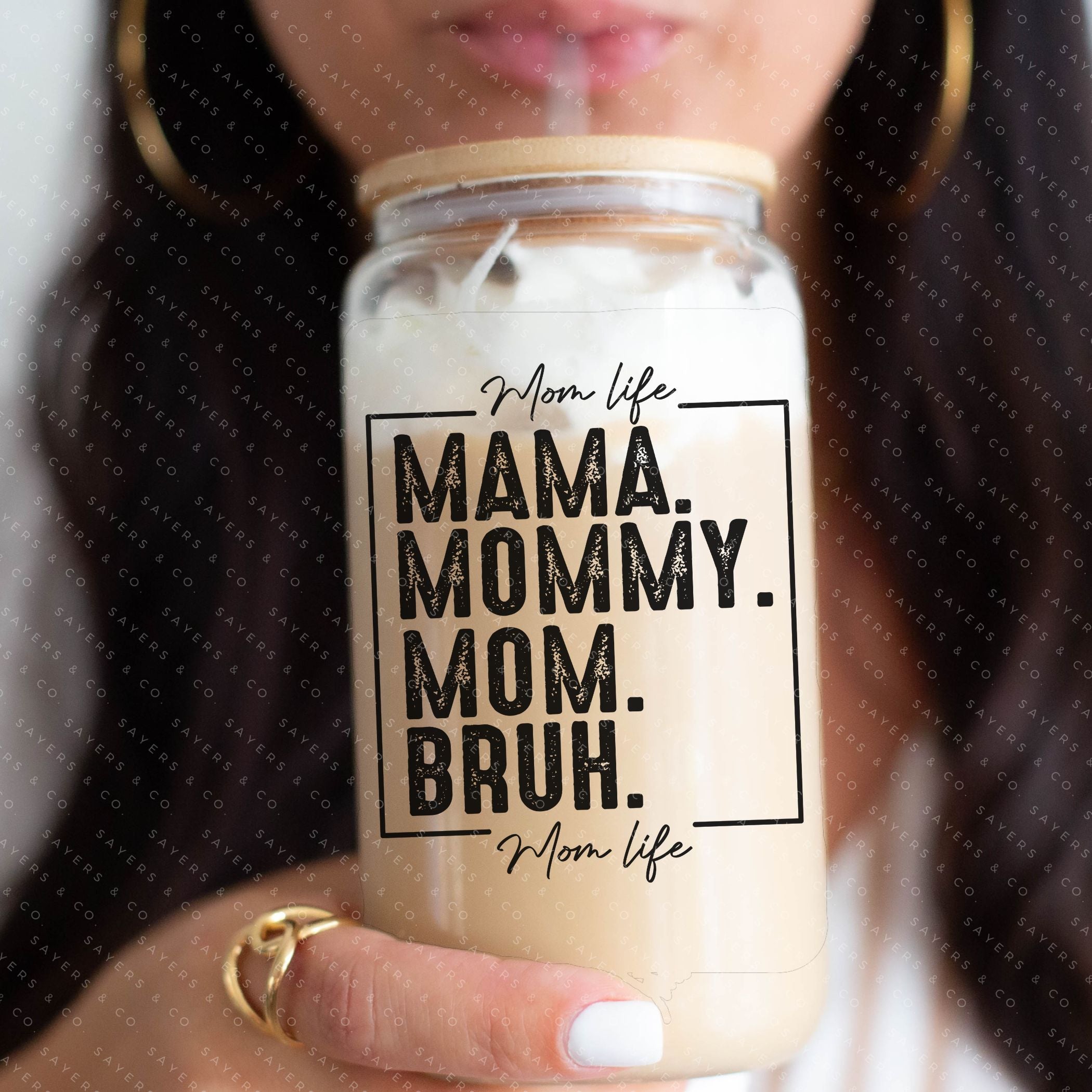 16oz Mama Bruh Glass Cup with bamboo lid and straw, showcasing a humorous design perfect for drinks.