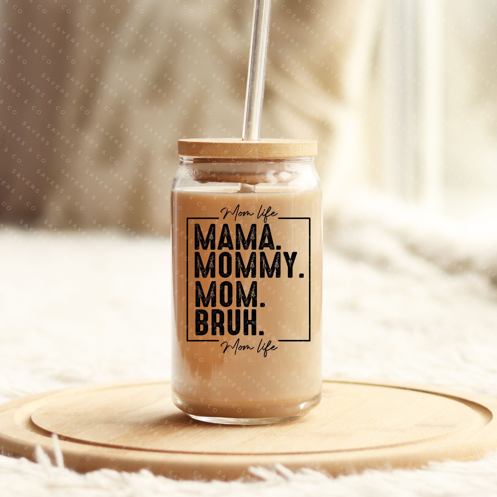 16oz Mama Bruh Glass Cup with bamboo lid and straw, showcasing a humorous design perfect for drinks.