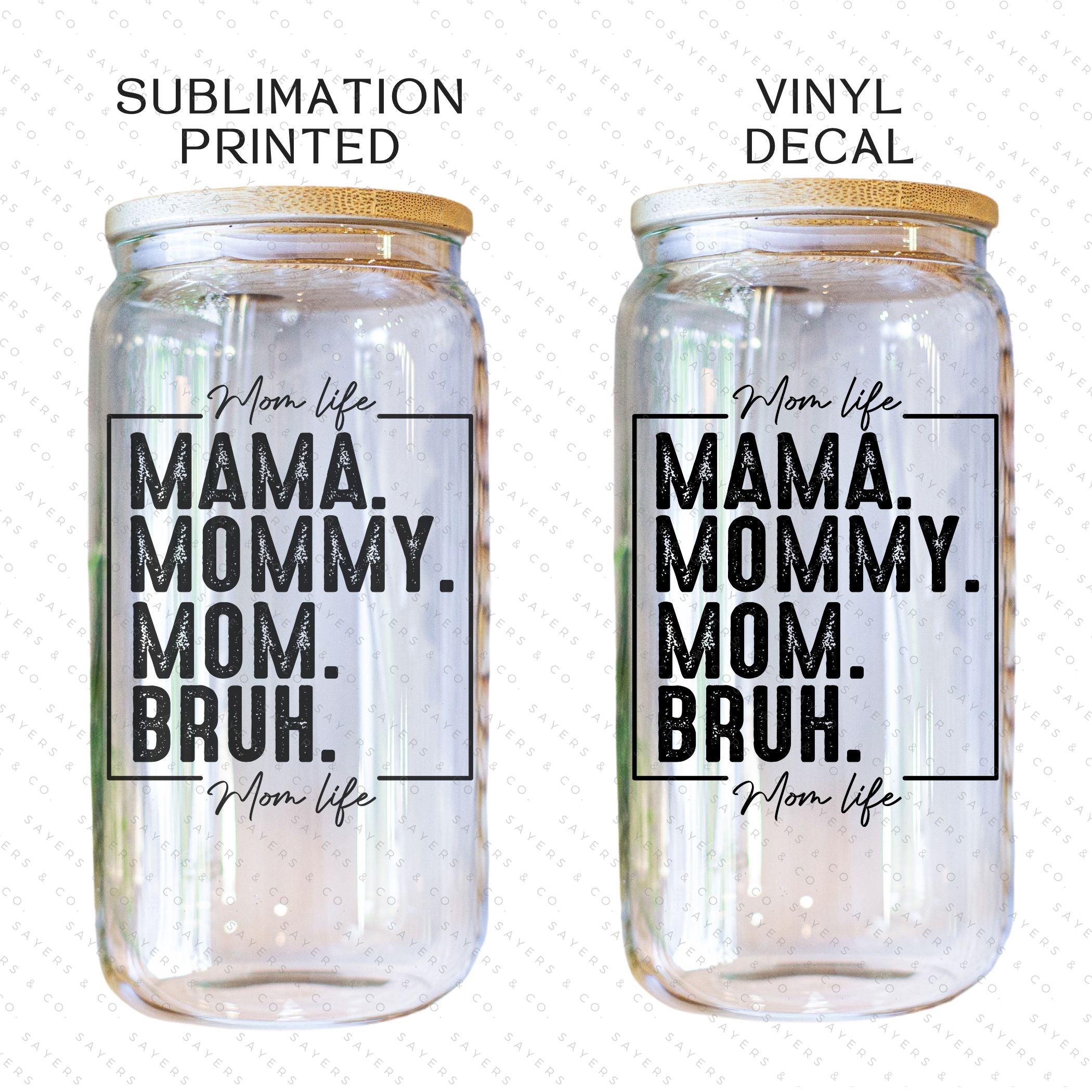 16oz Mama Bruh Glass Cup with bamboo lid and straw, showcasing a humorous design perfect for drinks.