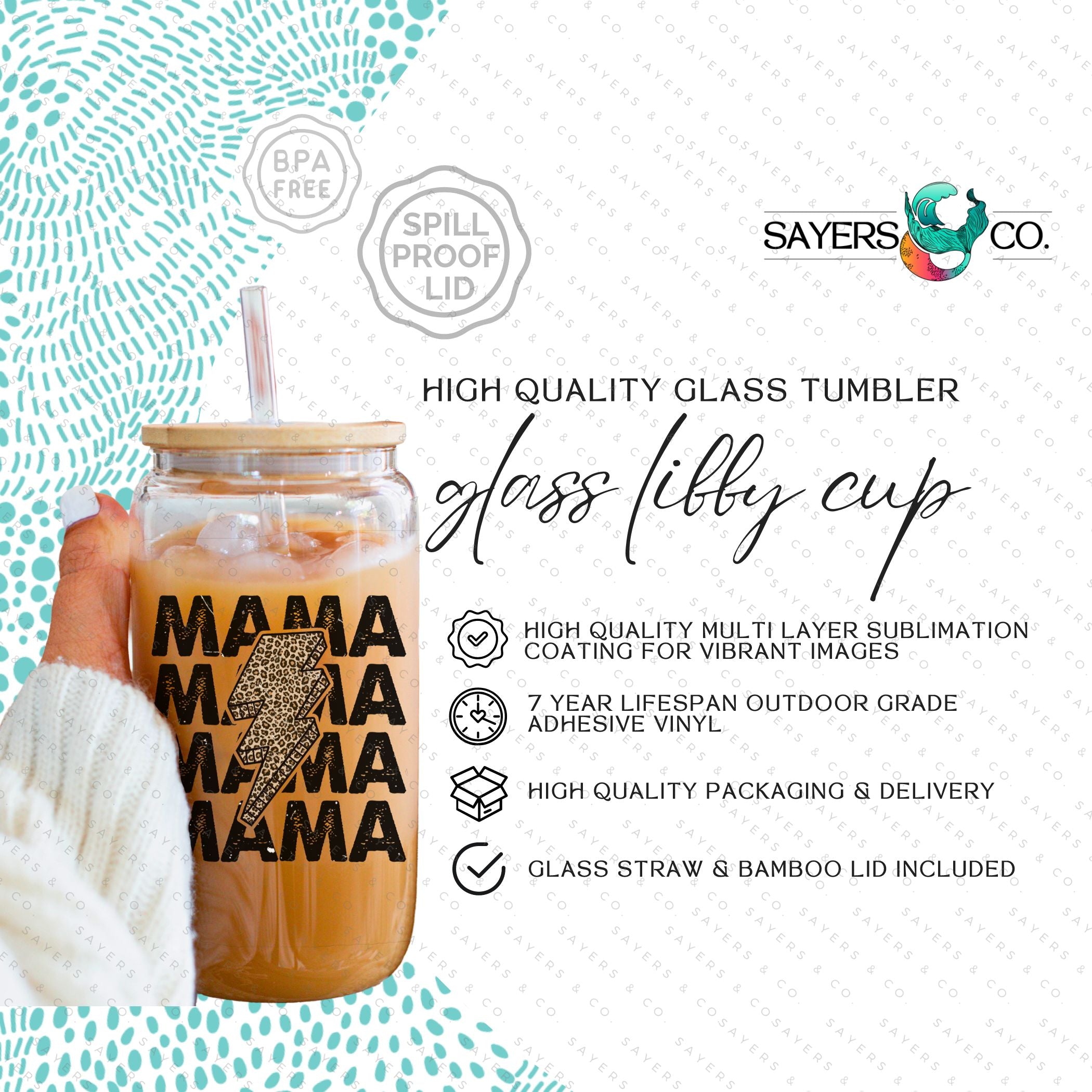 16oz Mama Leopard Bolt Glass Cup with bamboo lid and straw, featuring a stylish leopard design, perfect for drinks.