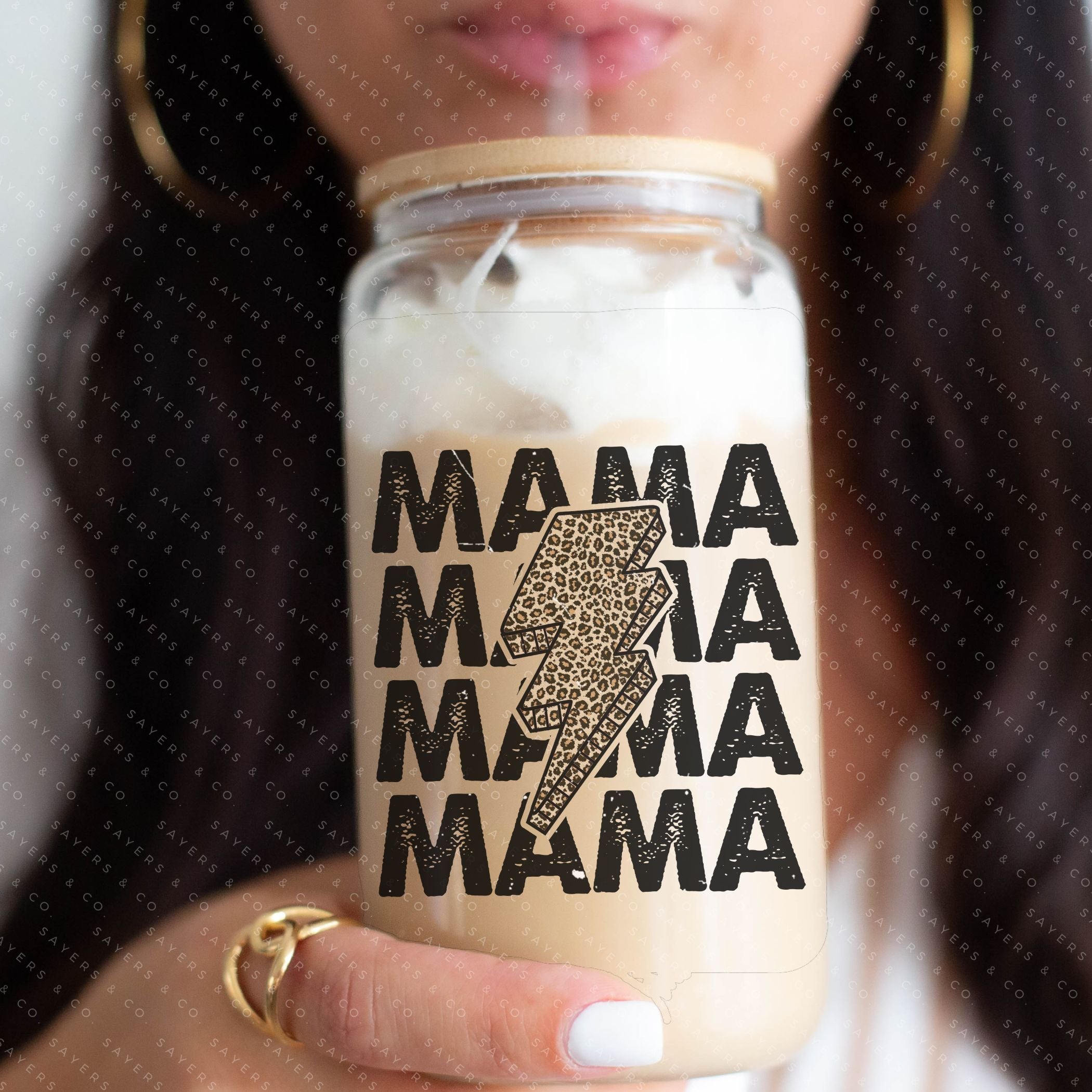 16oz Mama Leopard Bolt Glass Cup with bamboo lid and straw, featuring a stylish leopard design, perfect for drinks.