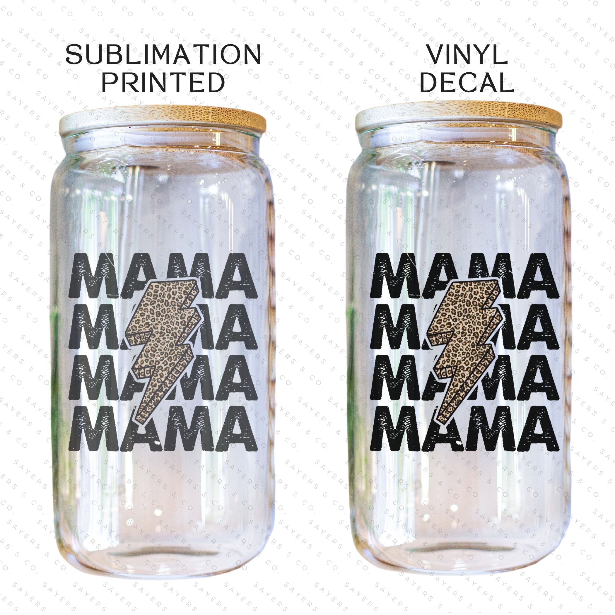 16oz Mama Leopard Bolt Glass Cup with bamboo lid and straw, featuring a stylish leopard design, perfect for drinks.