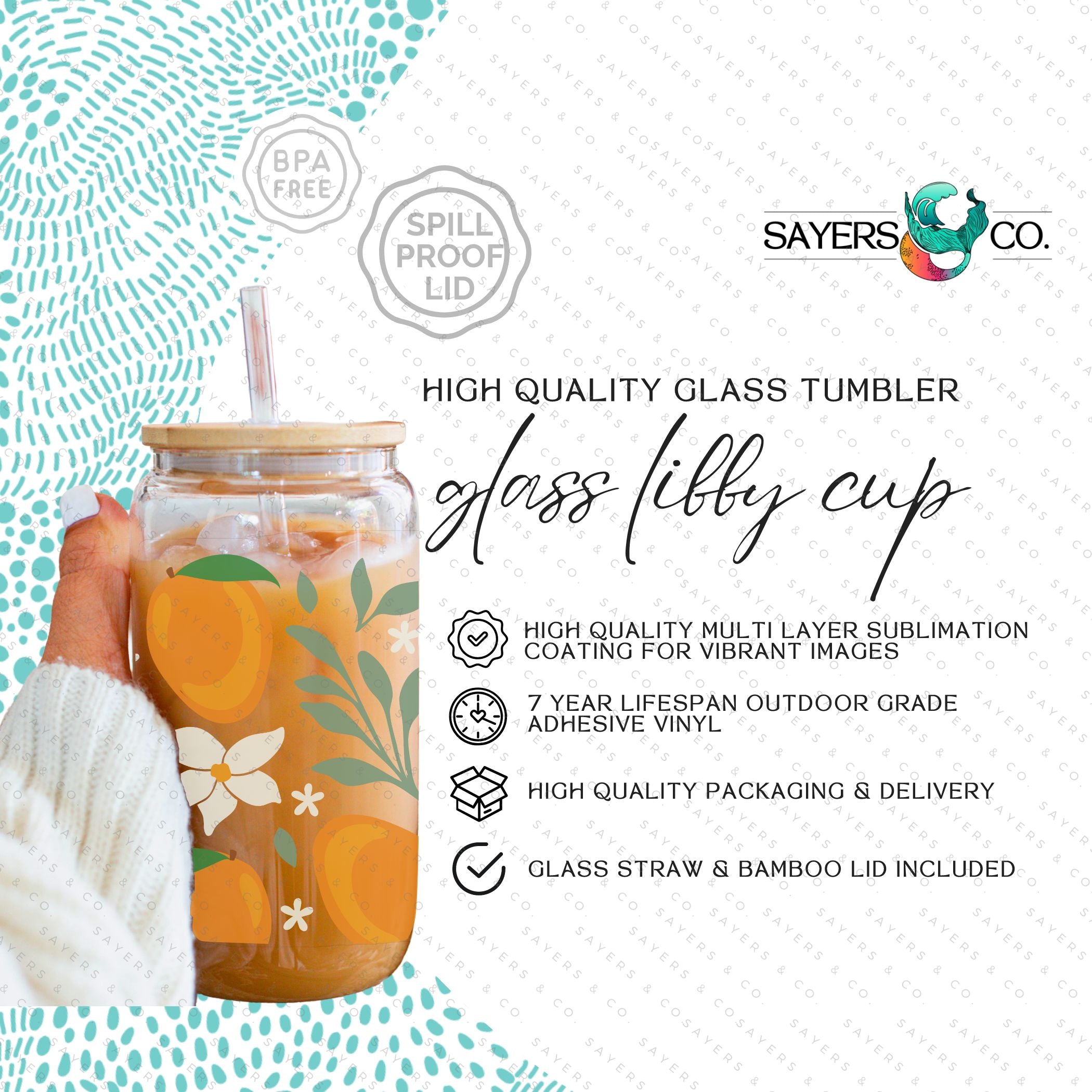 16oz Modern Mangos Glass Cup with bamboo lid and straw, showcasing a vibrant mango design, perfect for various beverages.