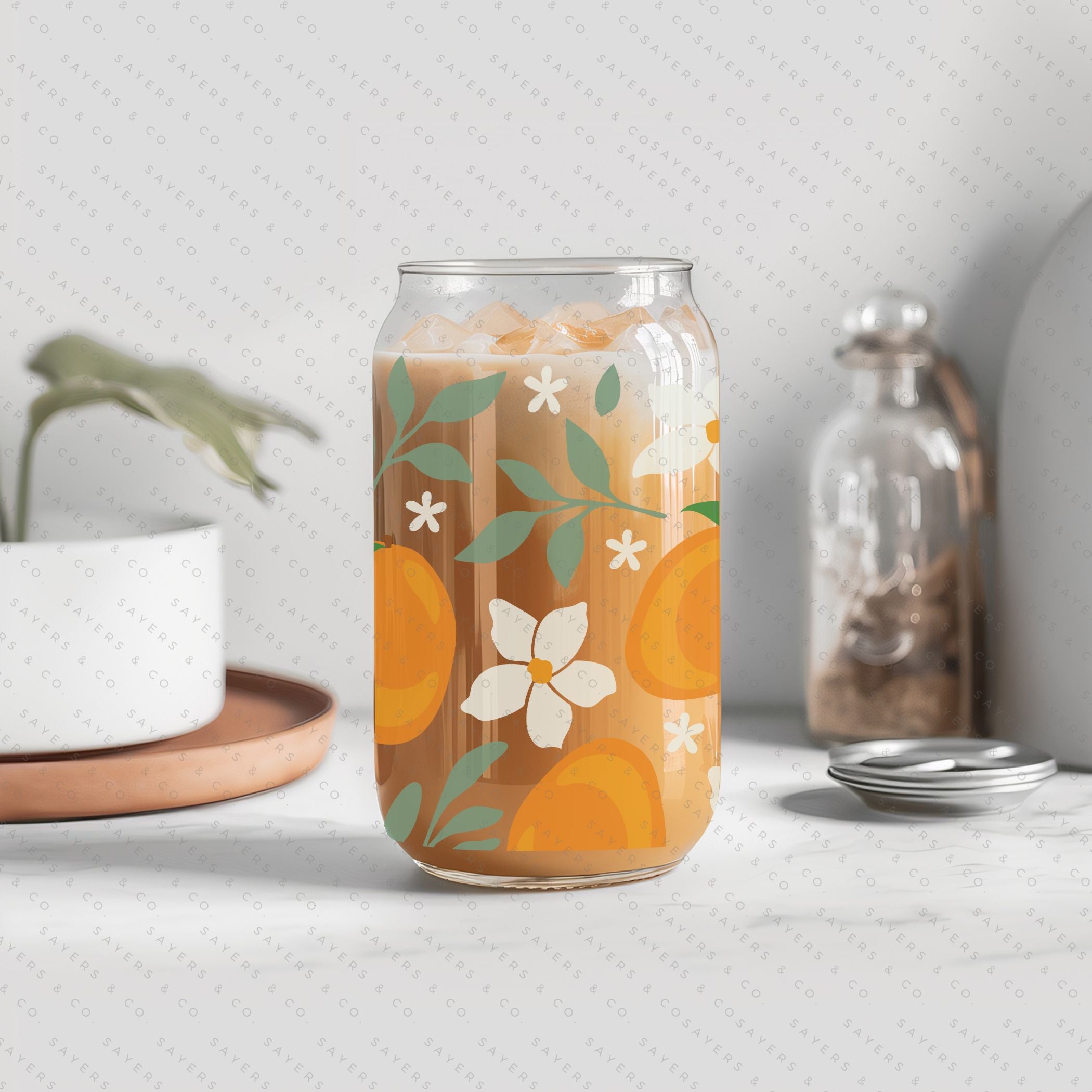 16oz Modern Mangos Glass Cup with bamboo lid and straw, showcasing a vibrant mango design, perfect for various beverages.