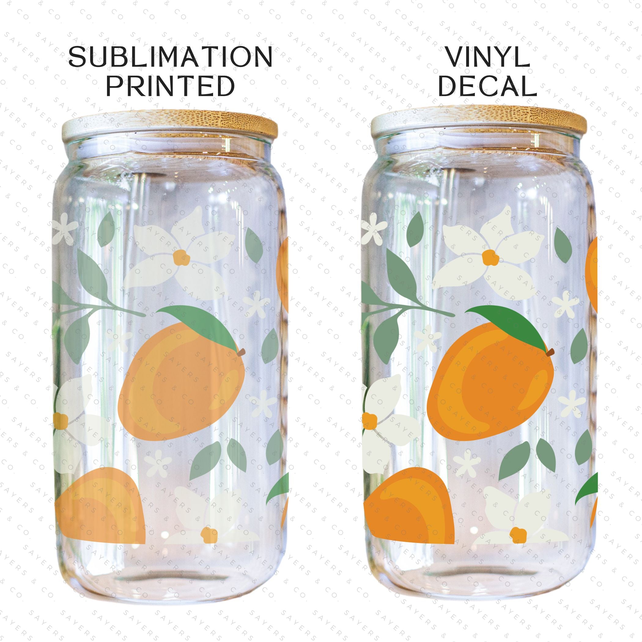 16oz Modern Mangos Glass Cup with bamboo lid and straw, showcasing a vibrant mango design, perfect for various beverages.