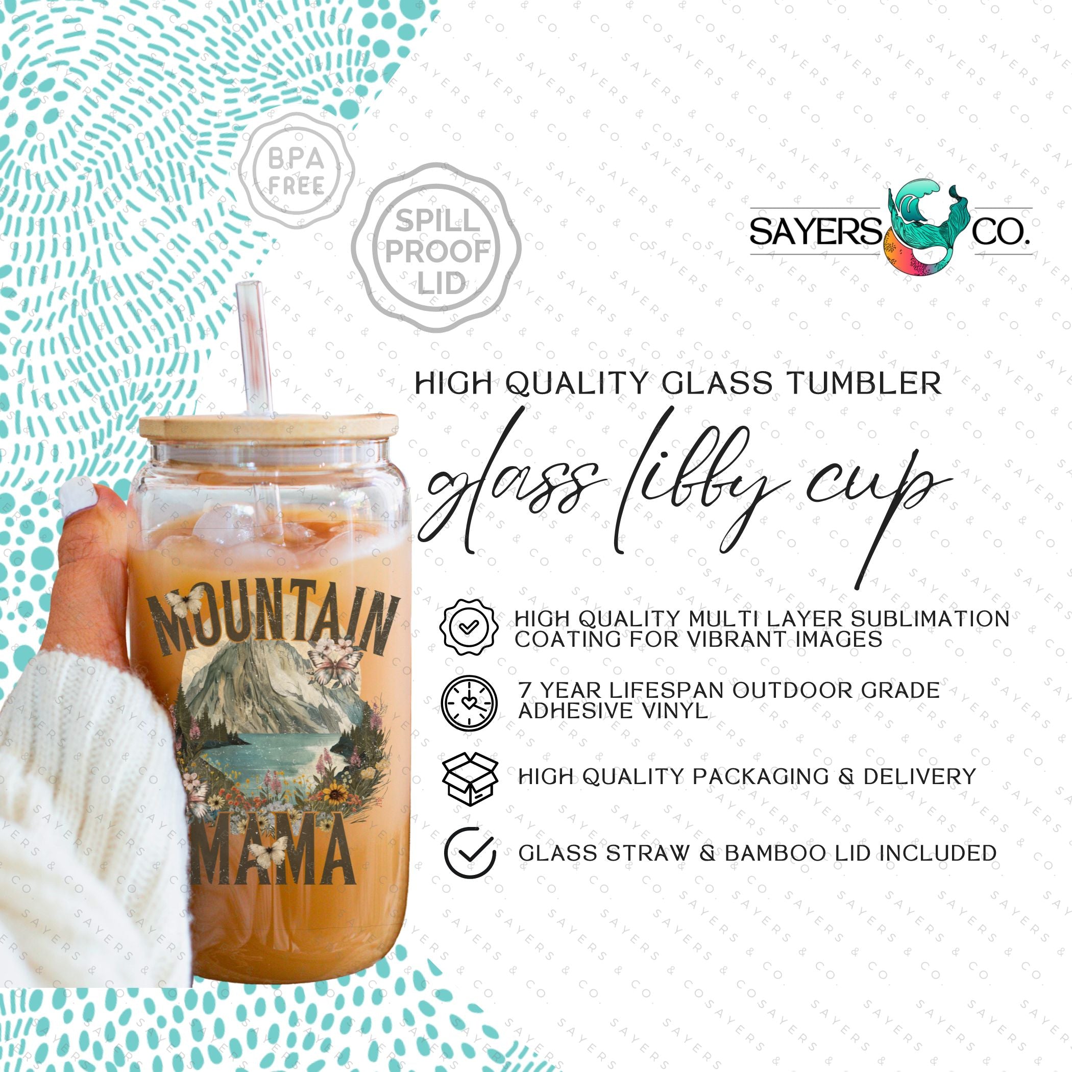 16oz Mountain Mama Glass Cup with Bamboo Lid and Straw, showcasing a clear glass design with a bamboo lid and a clear straw, perfect for beverages.