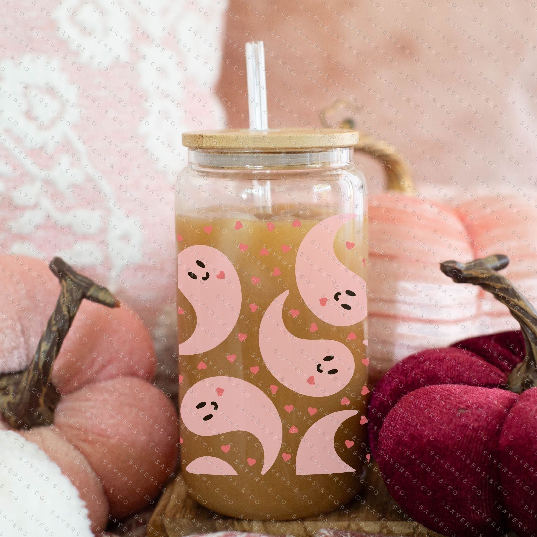 16oz Never Ghost U Glass Cup with bamboo lid and straw, showcasing a unique sublimated design, perfect for various beverages.