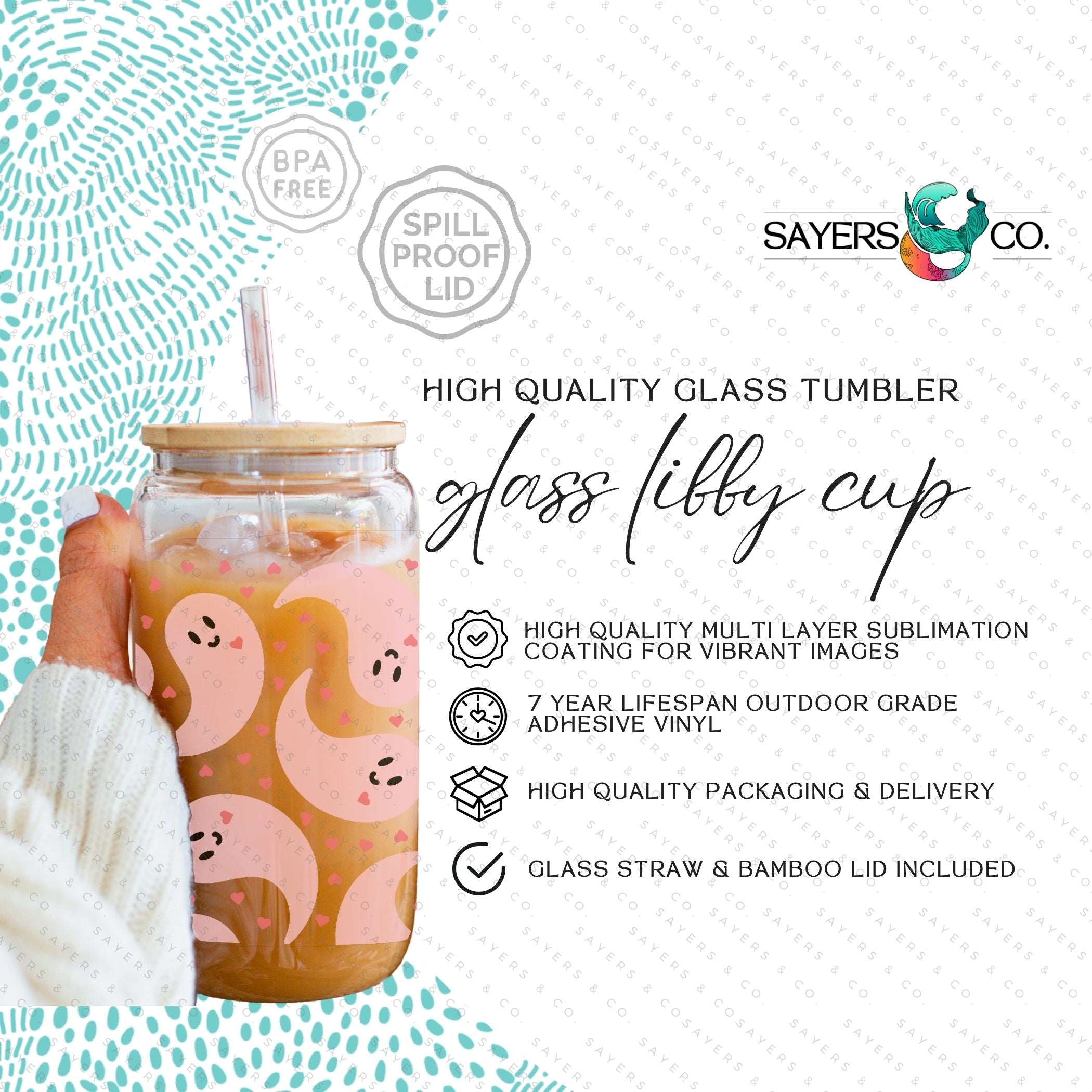 16oz Never Ghost U Glass Cup with bamboo lid and straw, showcasing a unique sublimated design, perfect for various beverages.