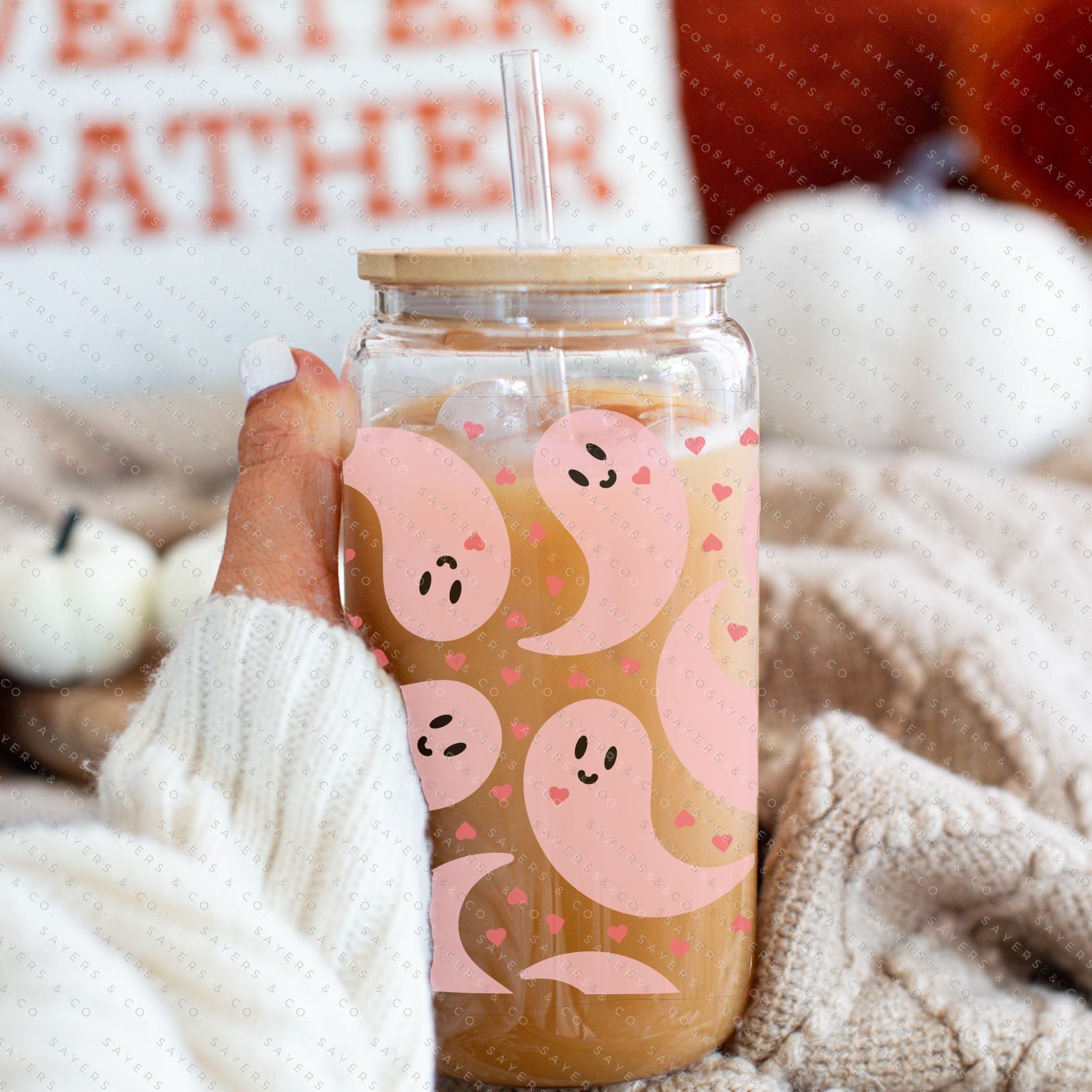 16oz Never Ghost U Glass Cup with bamboo lid and straw, showcasing a unique sublimated design, perfect for various beverages.