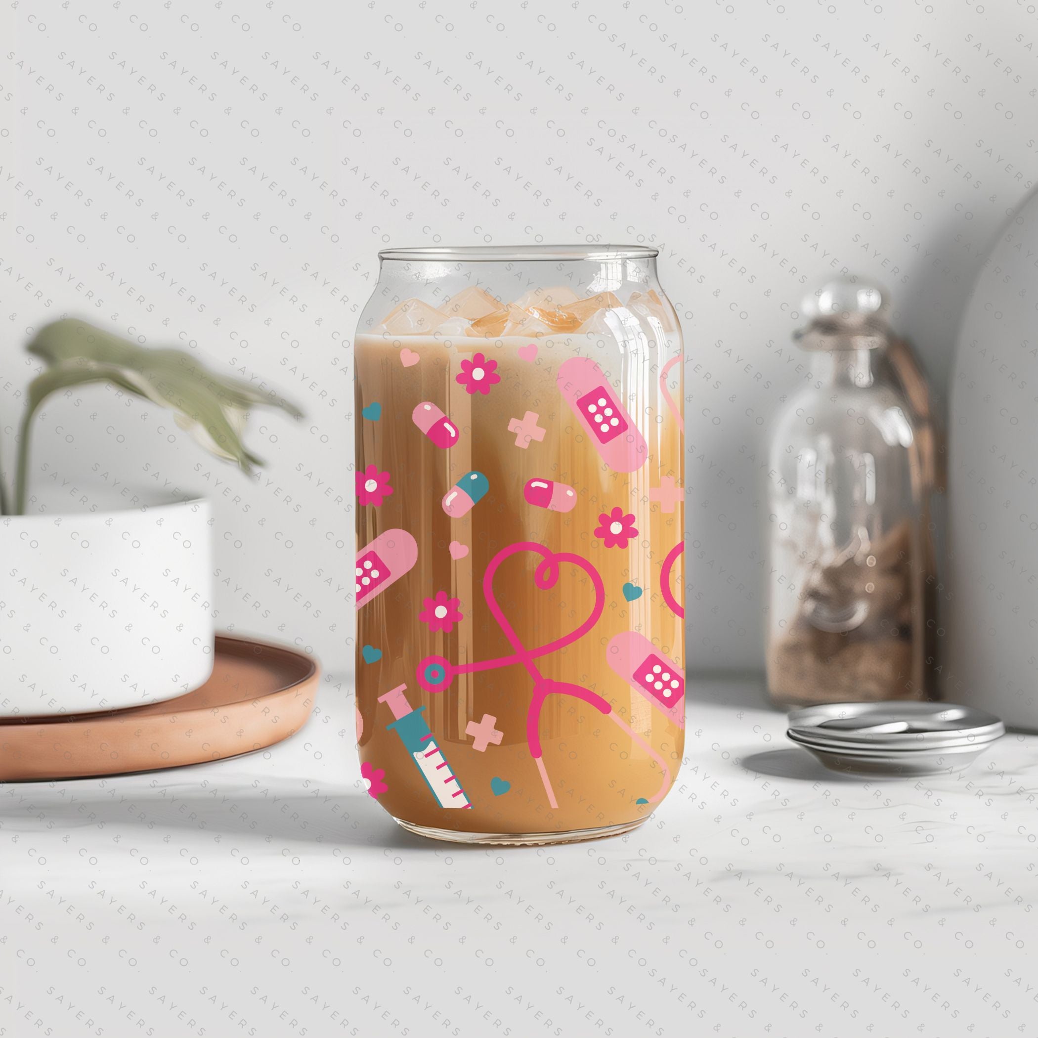 16oz Nifty Nurse Glass Cup with bamboo lid and straw, featuring a fun design perfect for nurses.