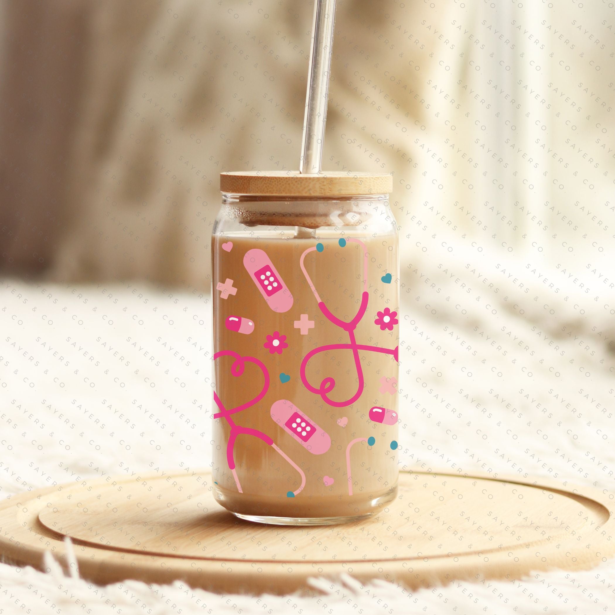 16oz Nifty Nurse Glass Cup with bamboo lid and straw, featuring a fun design perfect for nurses.