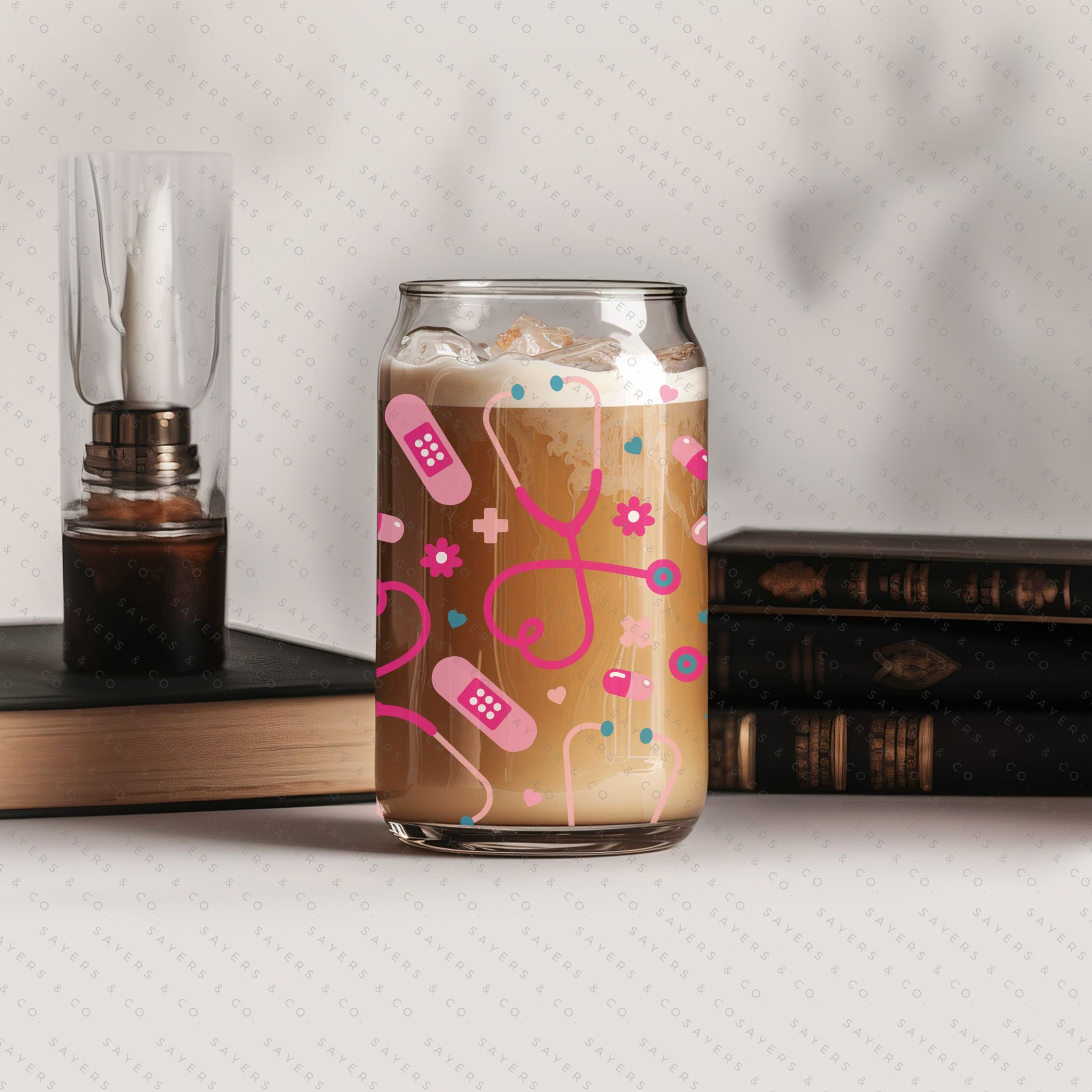16oz Nifty Nurse Glass Cup with bamboo lid and straw, featuring a fun design perfect for nurses.