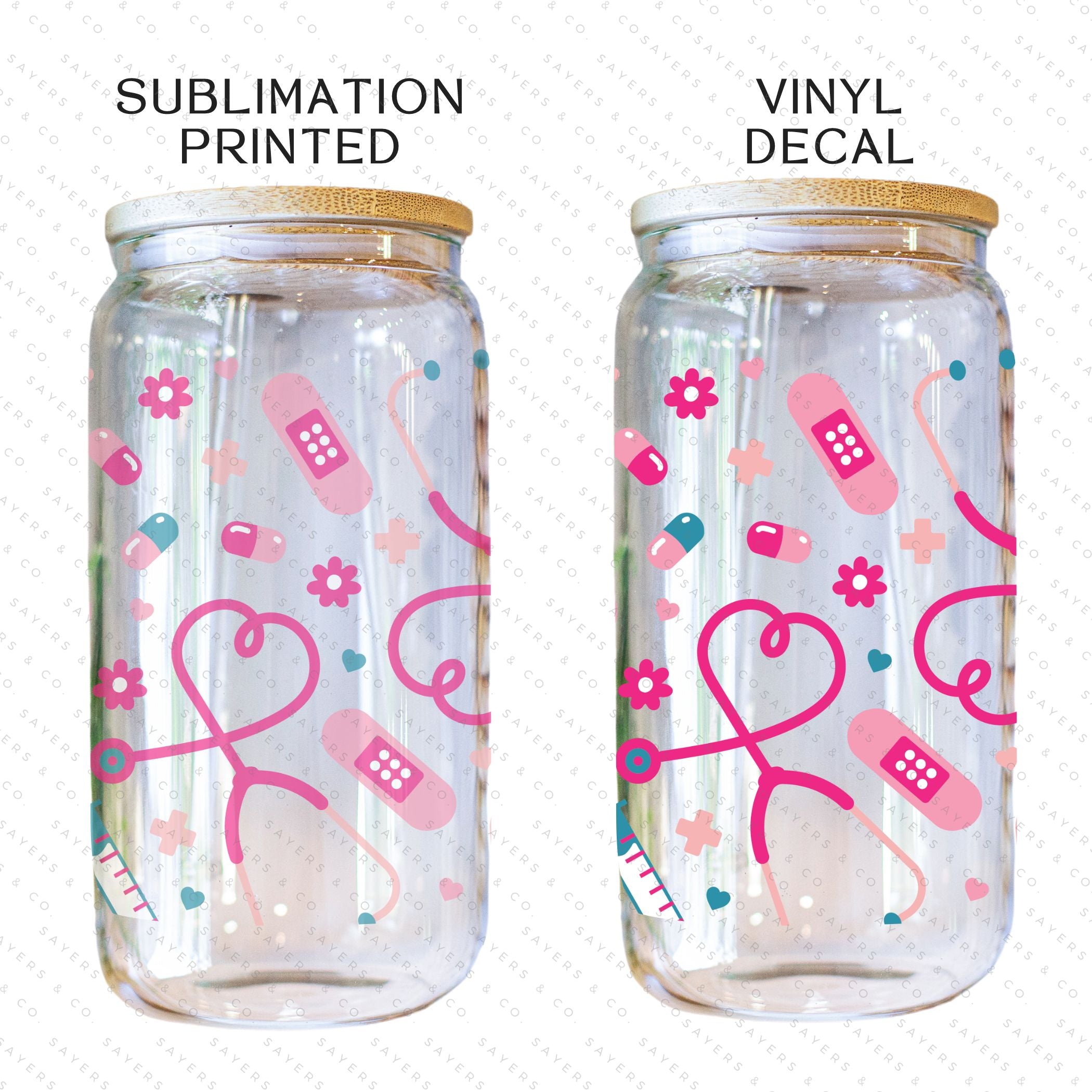 16oz Nifty Nurse Glass Cup with bamboo lid and straw, featuring a fun design perfect for nurses.