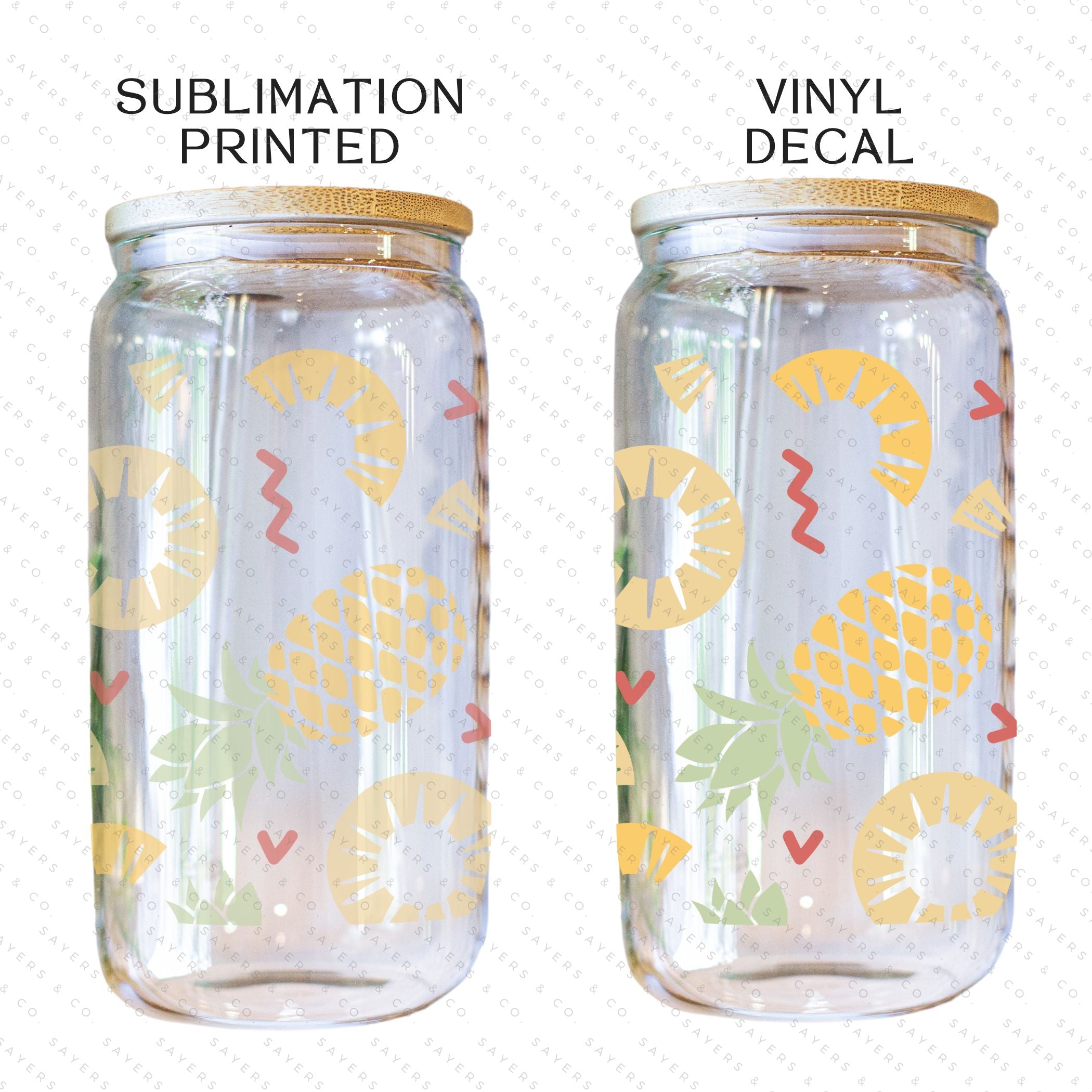 16oz Pineapple Express Glass Cup with bamboo lid and straw, featuring a tropical pineapple design, perfect for drinks.